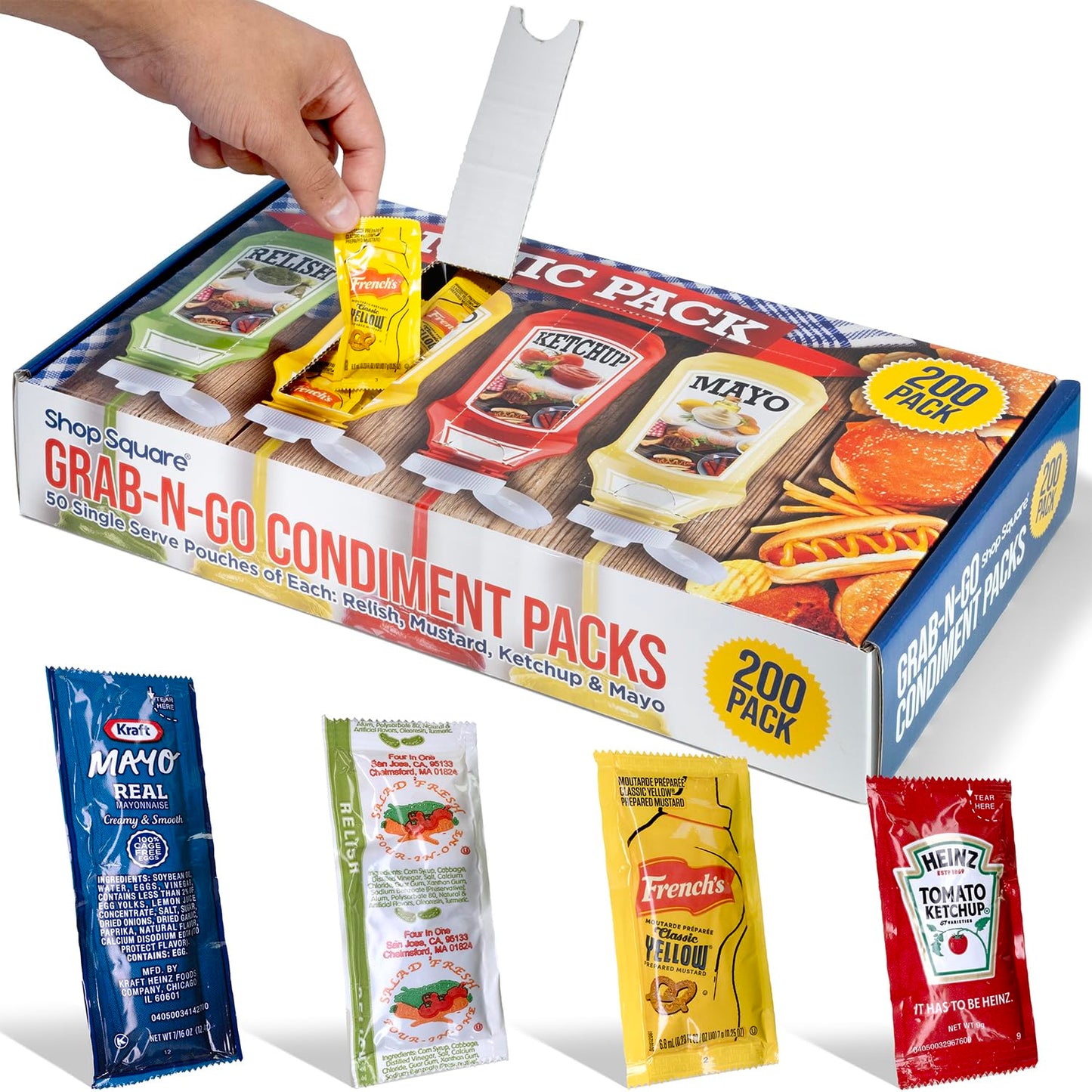 Shop Square Grab-n-Go Condiment Packs - 200 Single Serve Pouches: Ketchup, Mustard, Relish, Mayo - Perfect for Picnics and BBQs