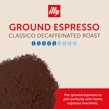 Illy Ground Espresso Coffee, Decaffeinated - Medium Roast - Mild & Balanced - 100% Arabica - Pre-Ground For Espresso - Pressuriz