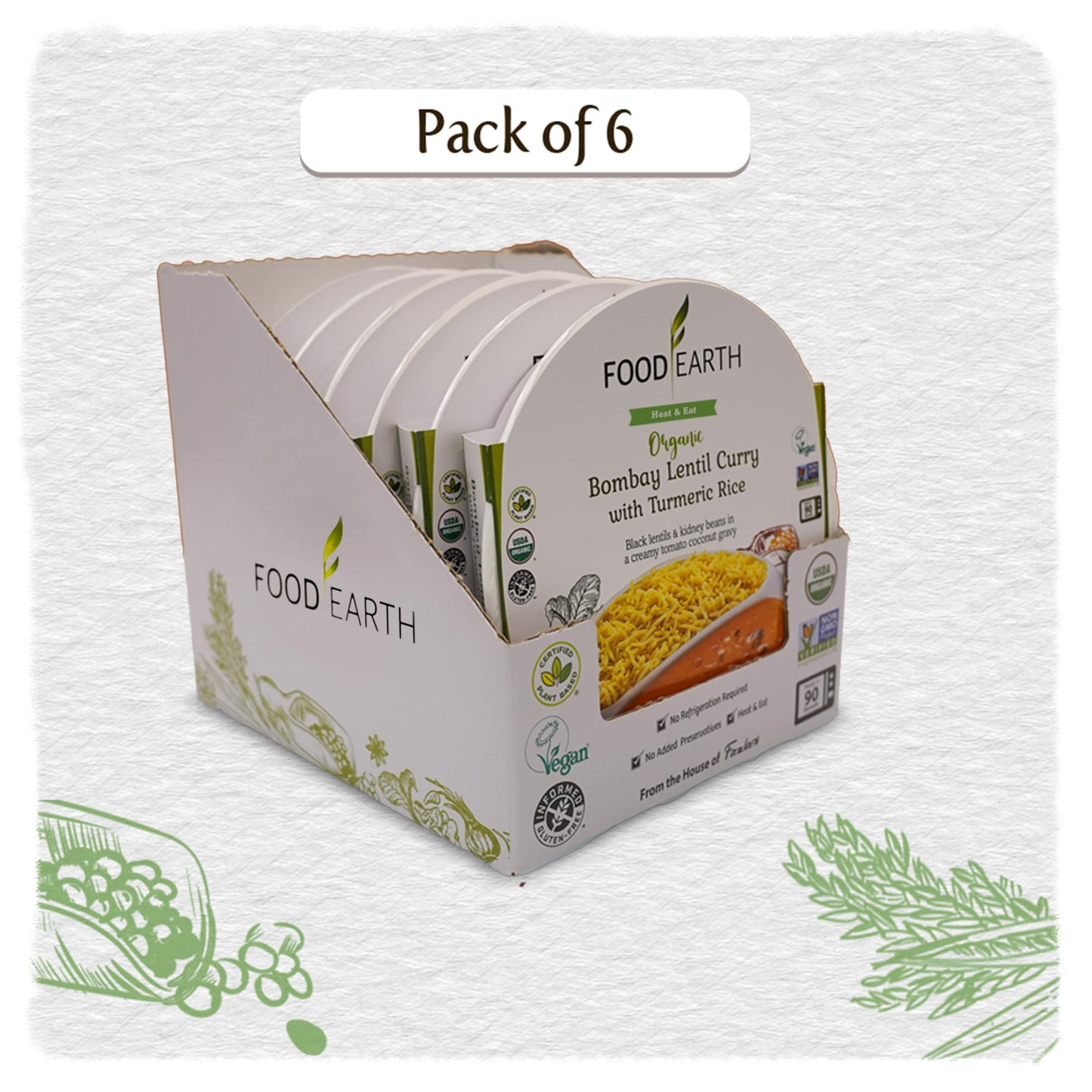 Food Earth Ready To Eat Indian Meal - Bombay Lentil Curry With Turmeric Rice - Organic, Vegan, Gluten-Free, Gmo-Free, Plant-Base