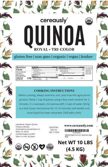 Cereausly Organic Tri-Color Quinoa, Vegan, Gluten-Free, 10 LB Bulk, Kosher, Non-GMO