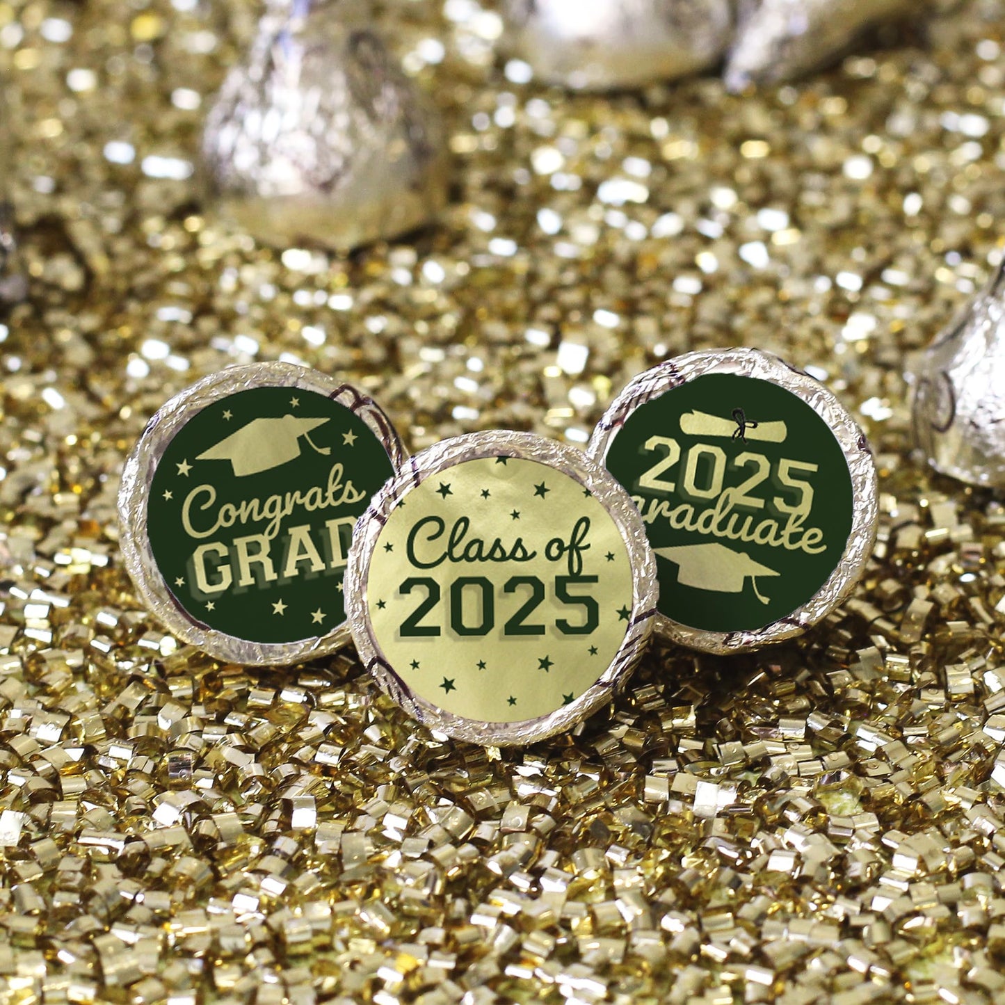 Green And Gold Graduation Party Stickers For Kisses Candy, Chocolate Drops, 2025 Grad Party Favors - 180 Count