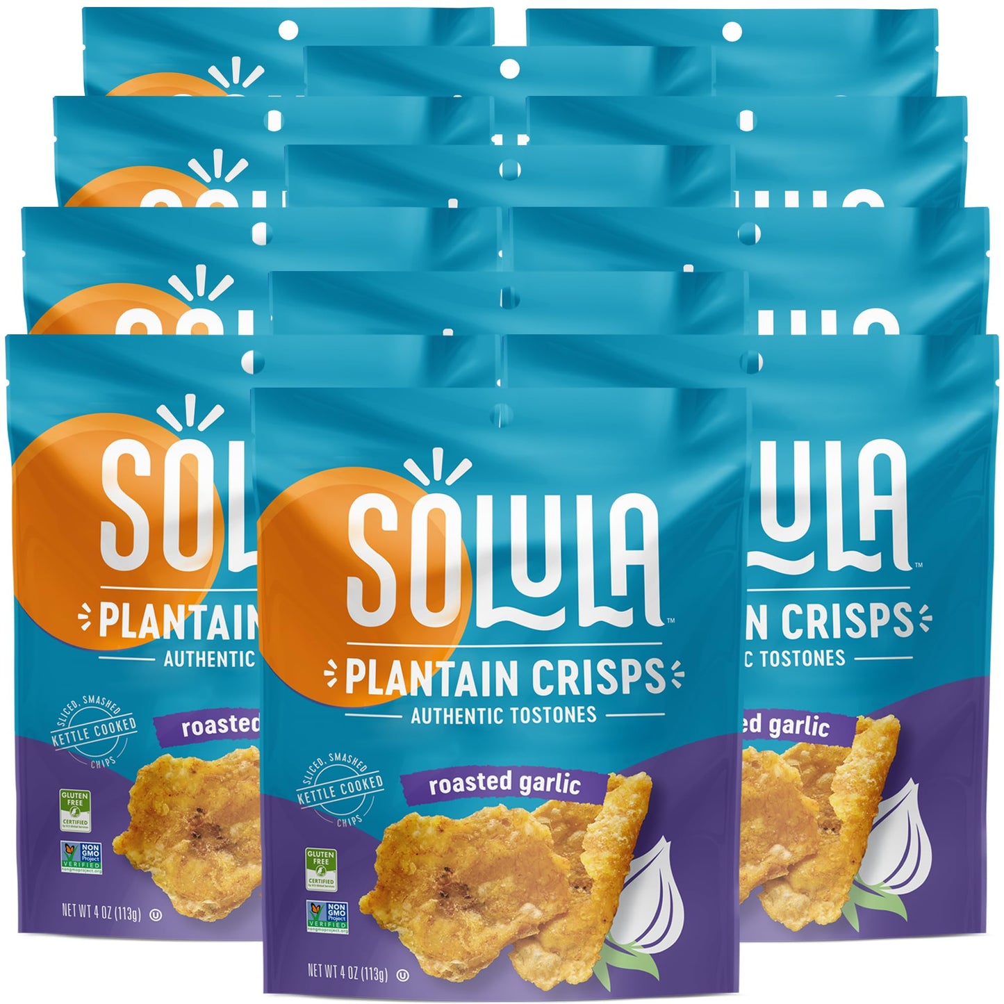Solula Plantain Crisps Authentic Tostones, Roasted Garlic, 4 Ounce (Pack of 12), Kettle Cooked Chips, Gluten Free, Paleo Friendl