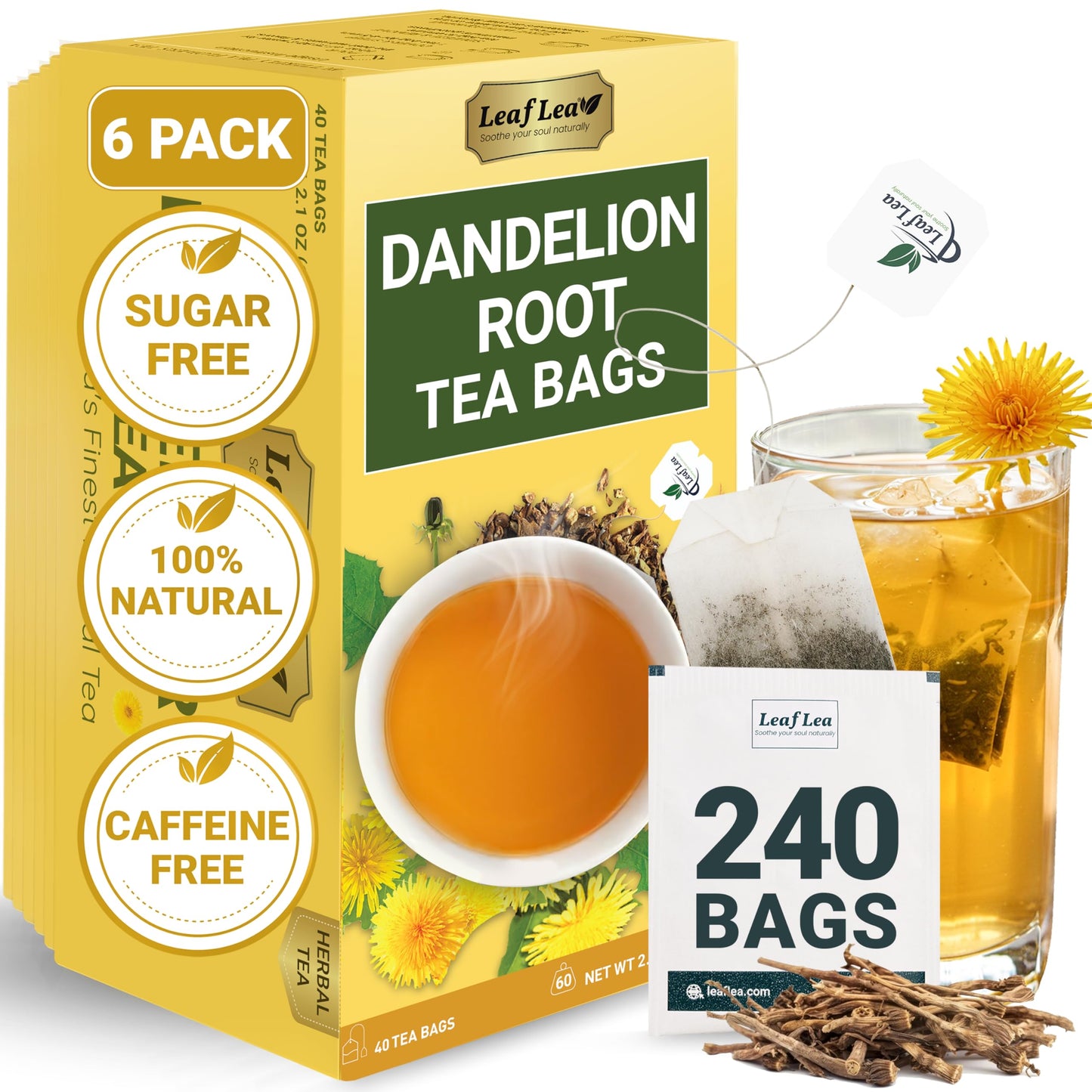 Leaflea Dandelion Root Tea Bags 240 Count Natural Dandelion Herbal Tea Blend Natural Dried Dandelion Root Energy Blend-Free Sugar-Free Vegan Sealed For Fresh Flavor Pack Of 6