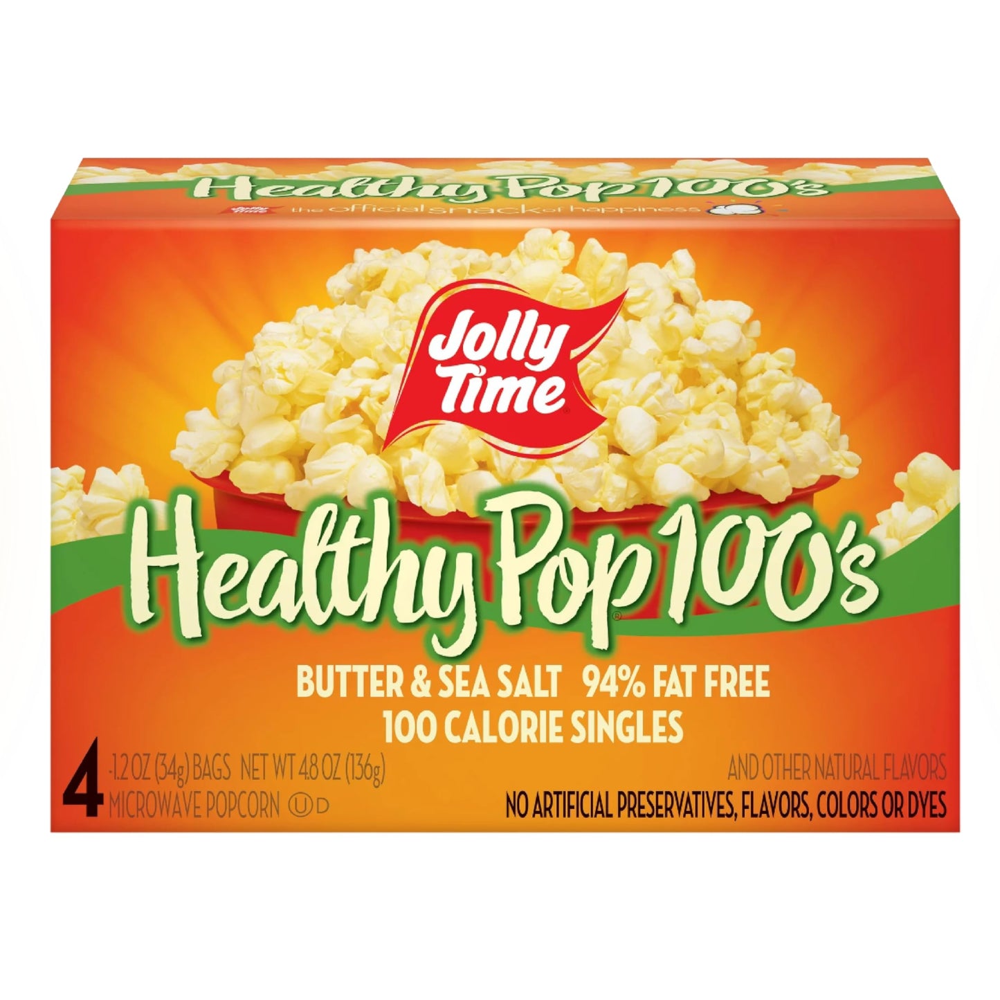 Jolly Time T Healthy Pop Microwave Popcorn, Low Fat Gluten Free Non-Gmo (Healthy Pop 100'S - Butter & Sea Salt, 1.2 Ounce (Pack