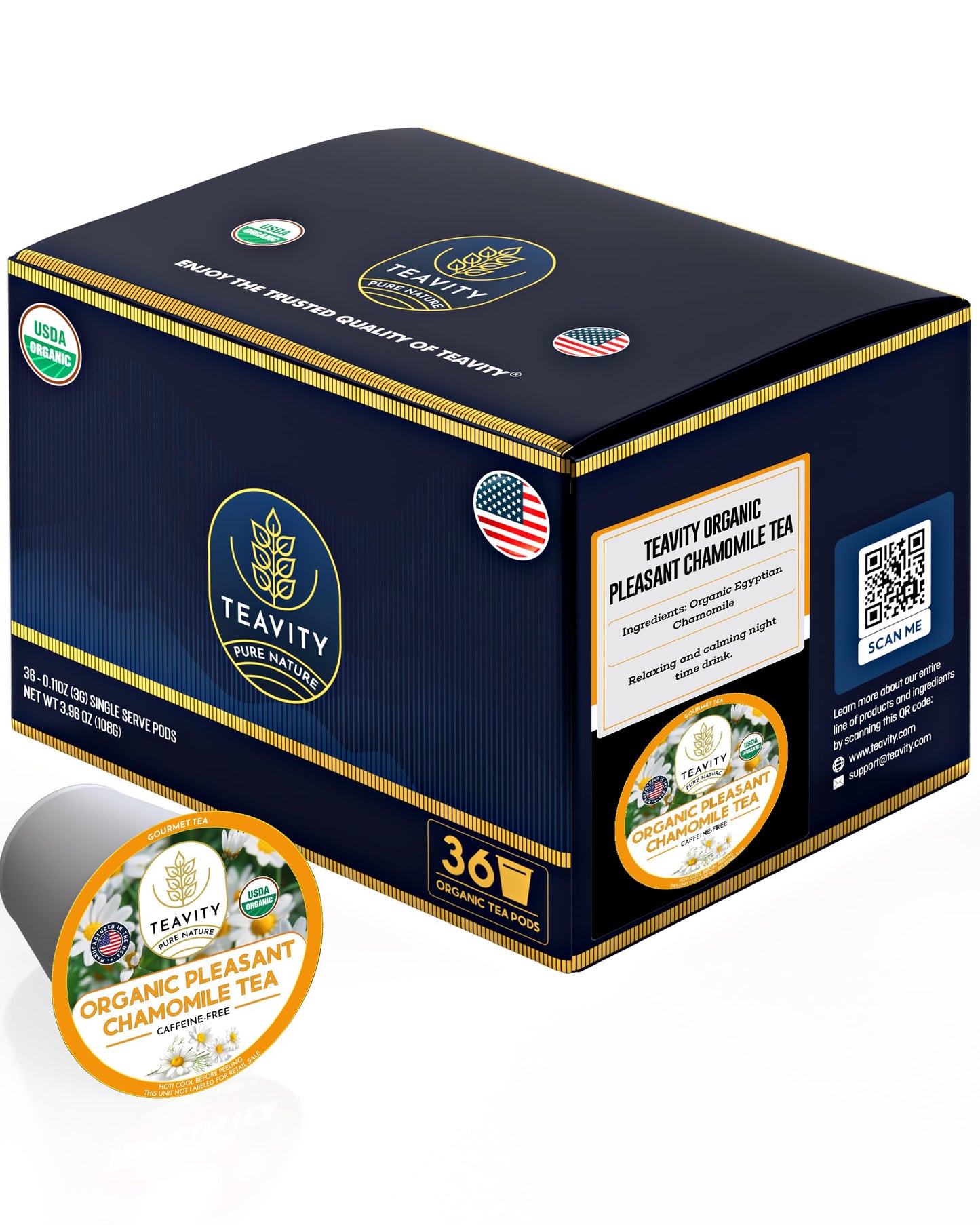 Organic Chamomile Tea Pods For Keurig - Decaf Tea Pods - Pleasant Chamomile By Teavity (36 Tea Pods)