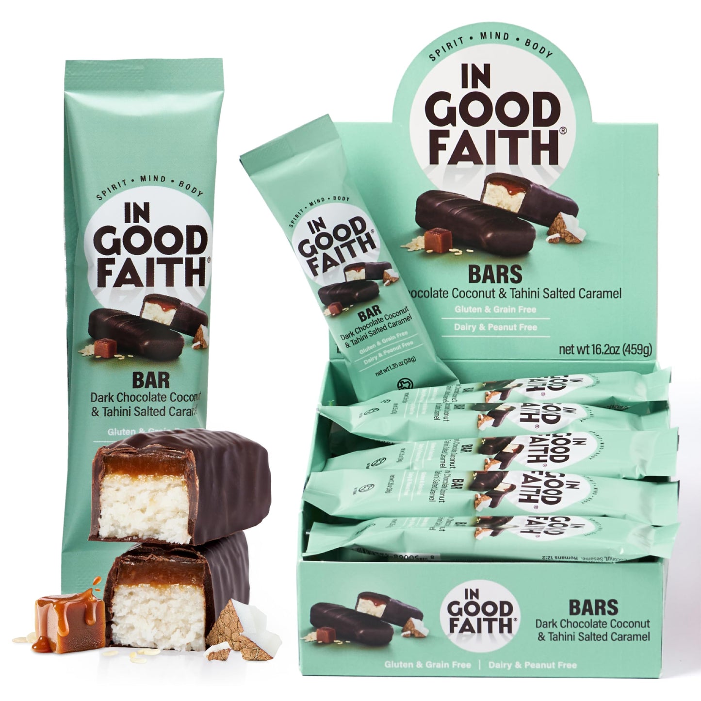 In Good Faith Dark Chocolate Coconut & Salted Caramel Bars Healthy Gluten Free Vegan Dairy Free Chocolate Bars (12 Pack)
