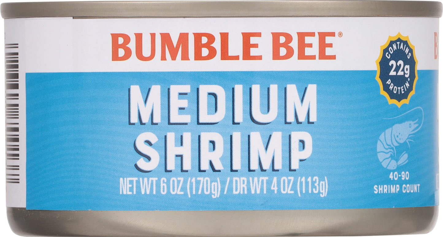 Bumble Bee Medium Canned Shrimp, 6 Oz Cans (Pack Of 12) - Shrimp In Water, Cooked, Peeled, Deveined - 22G Protein Per Serving -