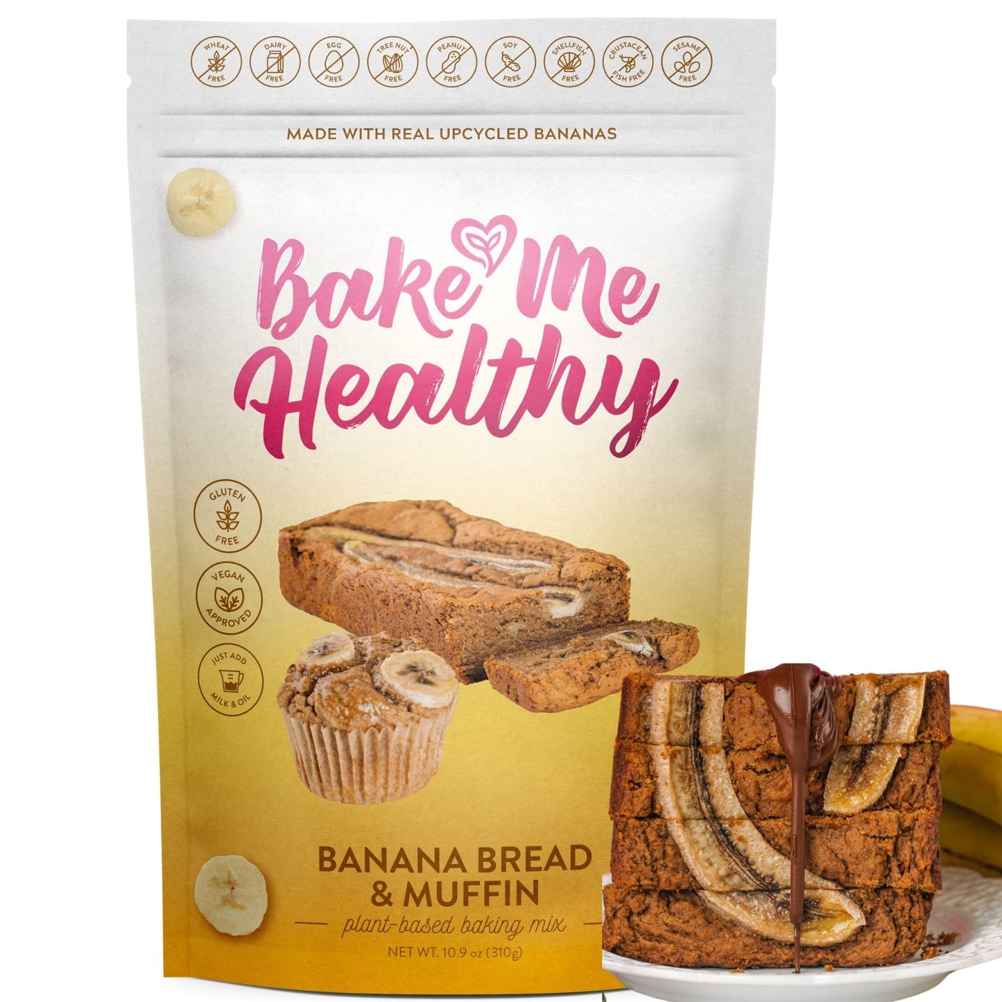 Bake Me Healthy - Gluten & Dairy Free Banana Bread & Muffins Baking Mix, Vegan, Non-GMO, 65% Lower Sugar, Allergy-Friendly, Plan