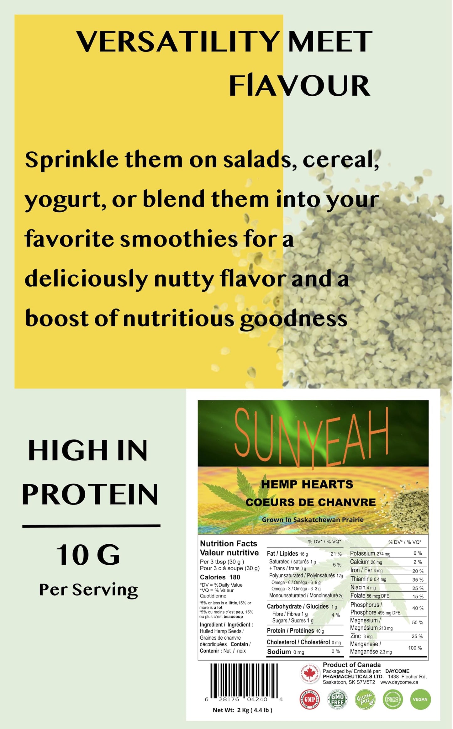 SUNYEAH Hemp Hearts - 2kg Shelled Hemp Seeds, Non-GMO, Vegan, Keto, Gluten-Free, Perfect for Smoothies, Yogurt, and Salads