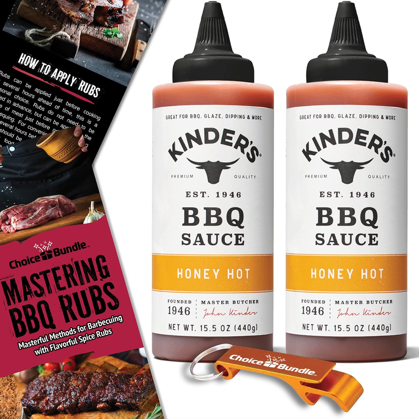 Kinders Honey Hot Bbq Top-Grade Barbecue Sauce 2 Pk (31 Oz) Great To Dip Toss Glaze & More + Barbecue Masters & Bottle Opener (4 Items)!