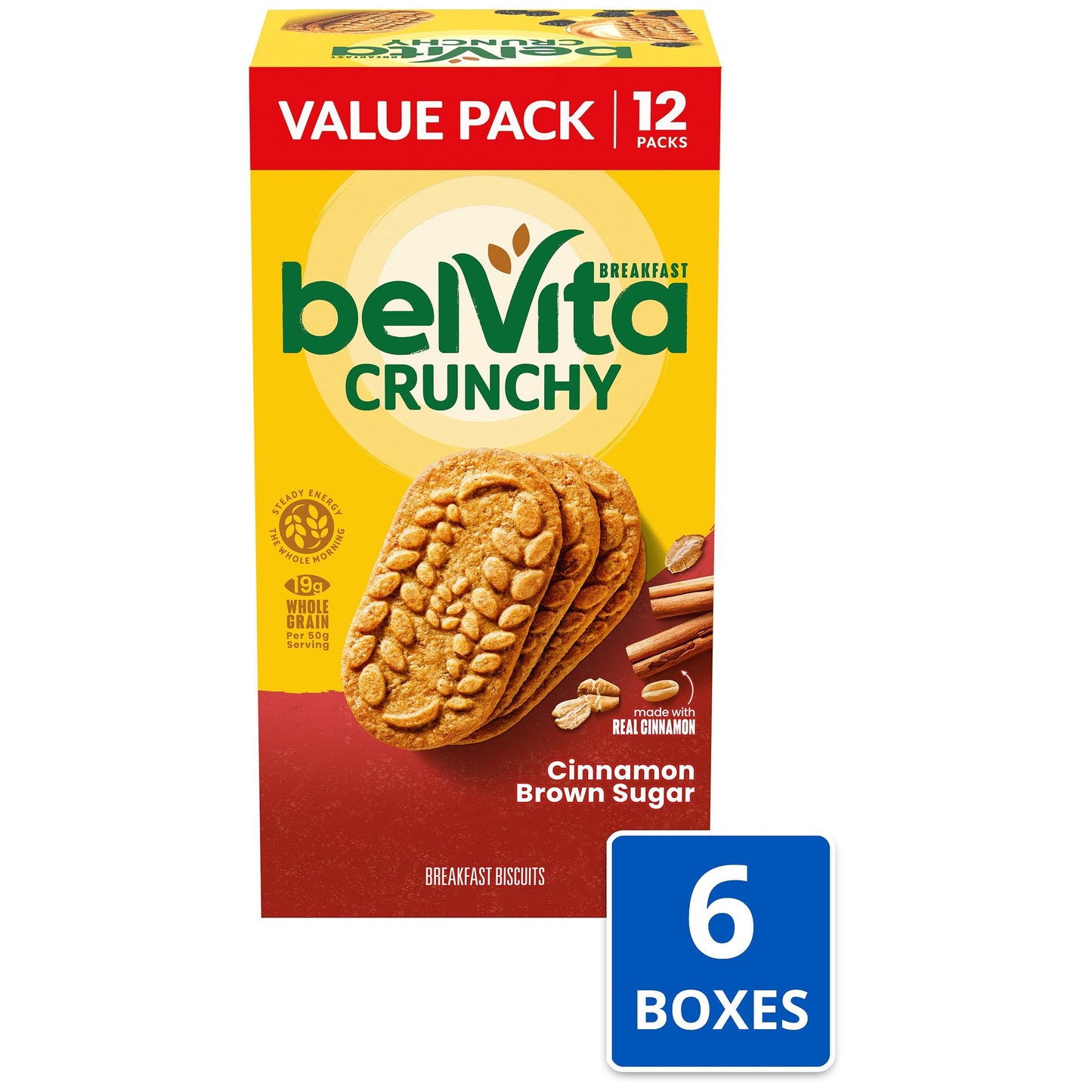 BelVita Cinnamon Brown Sugar Breakfast Biscuits, Value Pack, 72 Total Packs, 6 Boxes (4 Biscuits Per Pack)