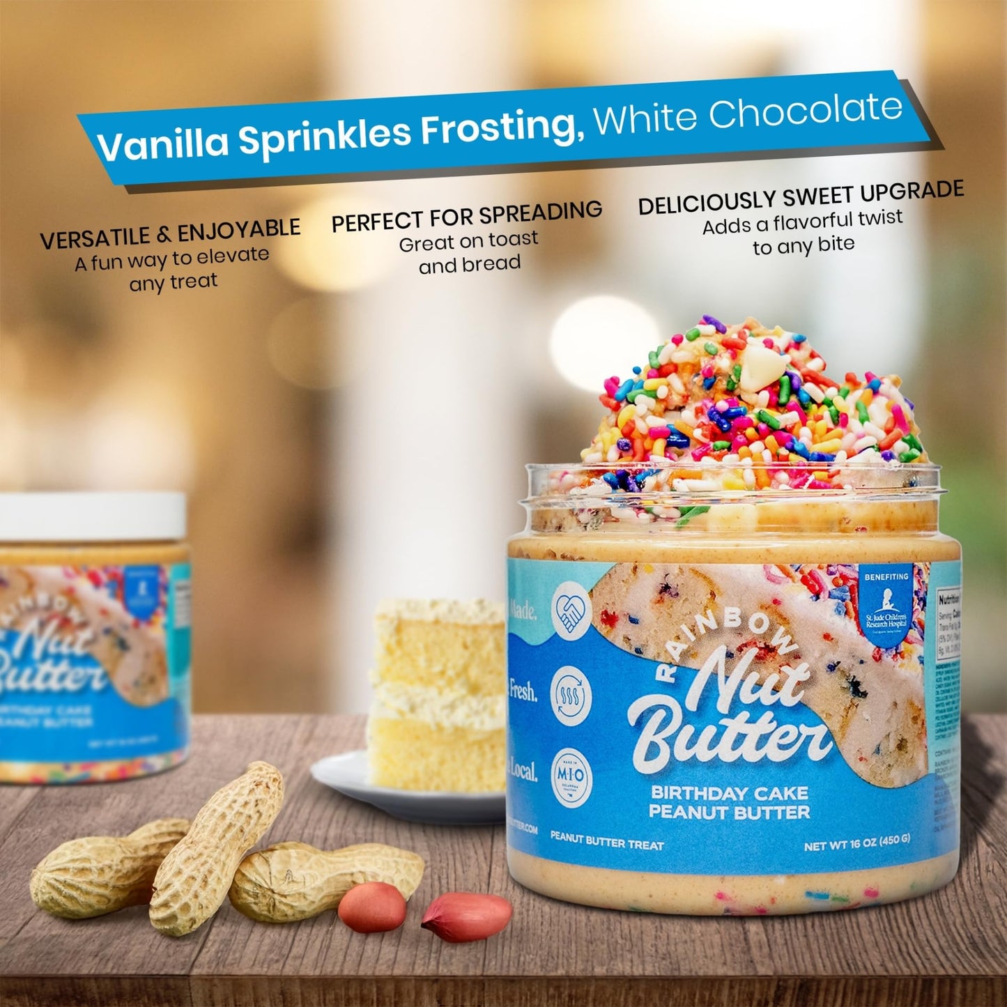 Rainbow Nut Butter, Birthday Cake Peanut Butter Spread, Treat, Snack, Vanilla Sprinkles Frosting, White Chocolate, High Protein