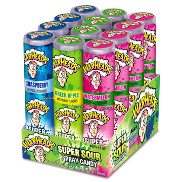 Warheads - Super Sour Candy Spray - Blue Raspberry, Green Apple And Watermelon Flavors - 0.68 Oz. Bottles - 12 Pack