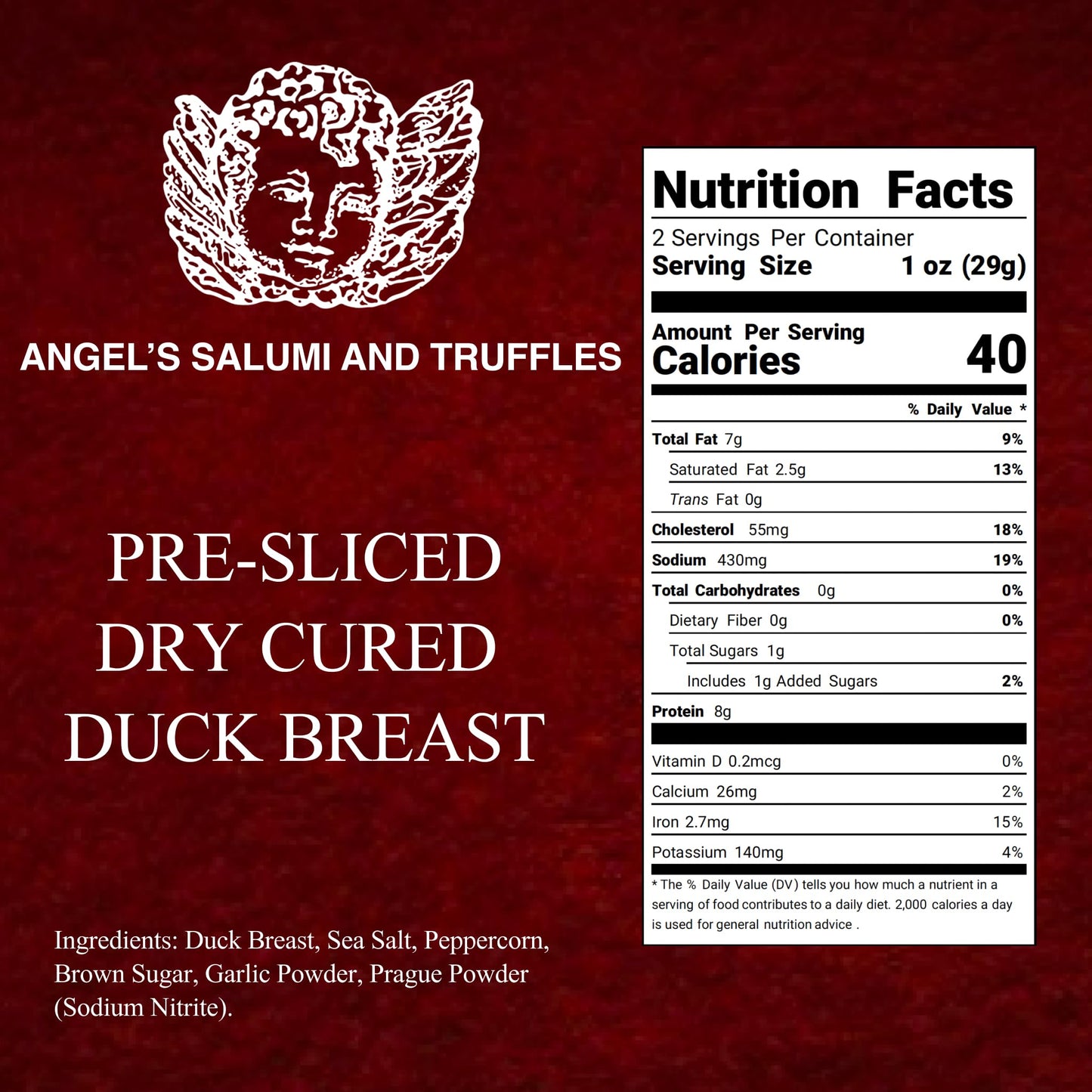ANGELS SALUMI Pre-Sliced Dry-Cured Duck Breast Prosciutto - 2 oz Gourmet Charcuterie, Humanely Raised, Vegetarian-Fed