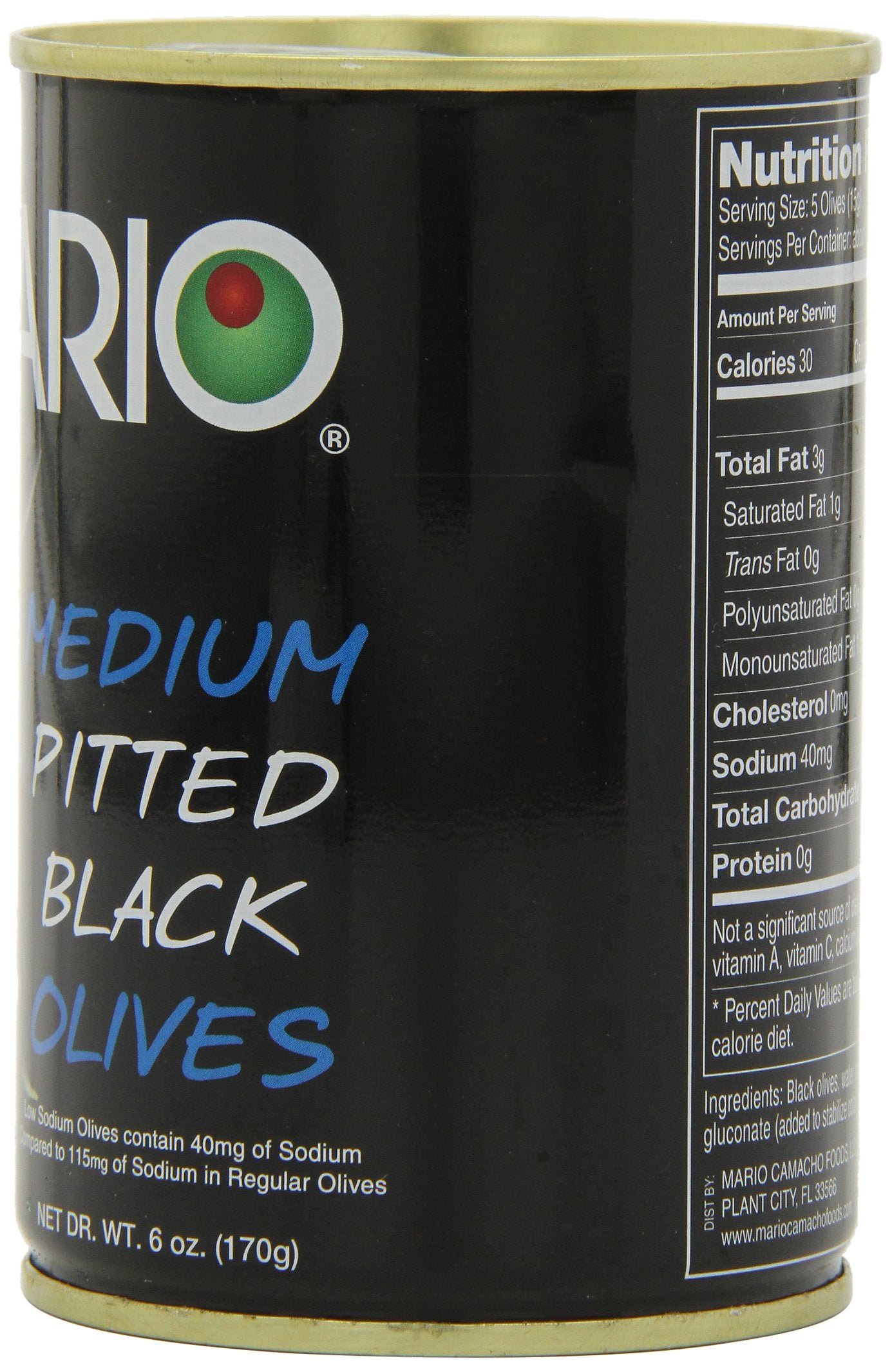 Mario Camacho Foods Low Sodium Black Olives, Medium Pitted, 6.0 Ounce (Pack Of 12)