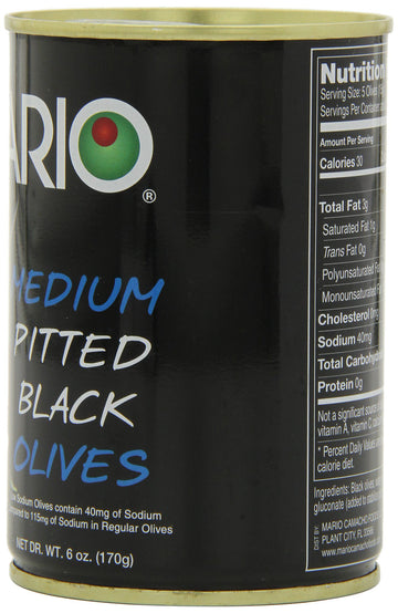 Mario Camacho Foods Low Sodium Black Olives, Medium Pitted, 6.0 Ounce (Pack Of 12)