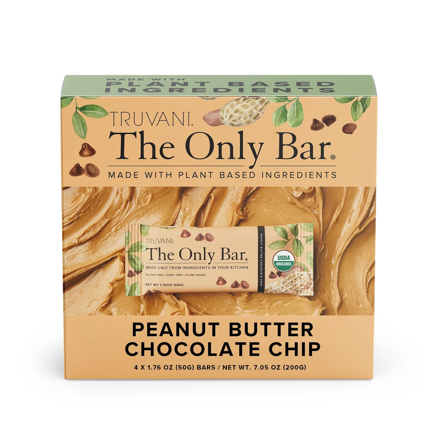 Truvani Plant Based Snack Bar | Peanut Butter Chocolate Chip 4 Pack | 8G Protein | Usda Organic And Vegan | The Only Bar | Dairy