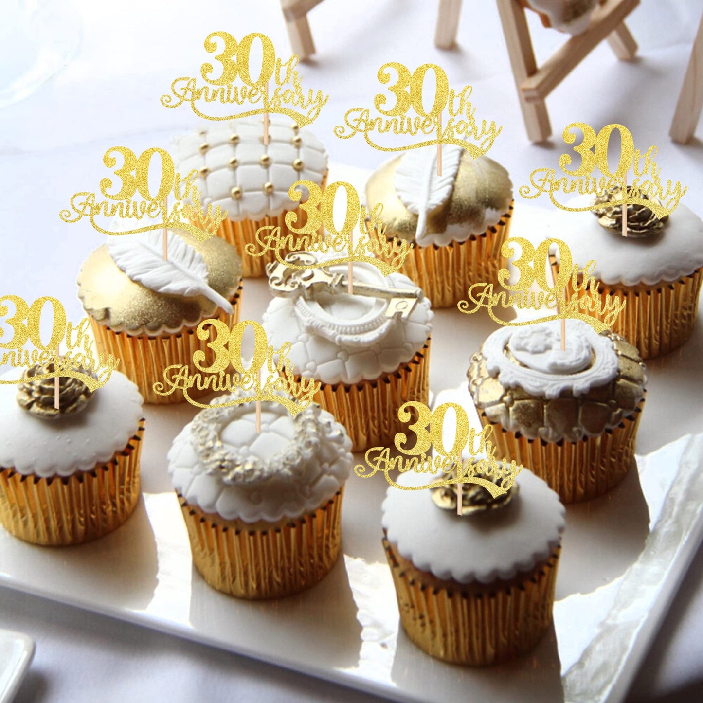 Rssta i Cupcake Toppers, Glitter Cheers to 30 Years, 2.8x4.1 inches, Gold, Paper, Model XM090-30