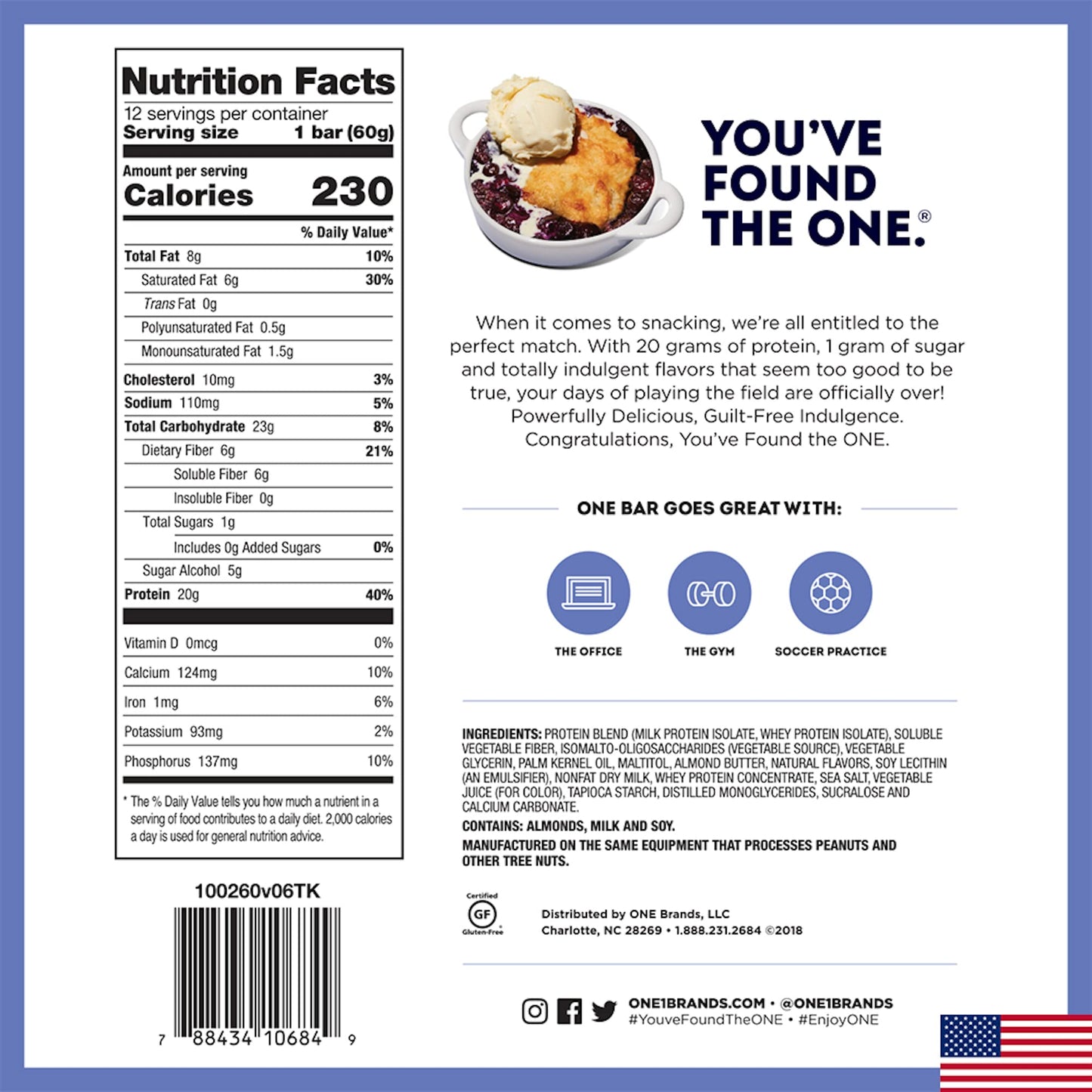 One Protein Bars, Blueberry Cobbler, Gluten Free Protein Bars With 20G Protein And Only 1G Sugar, Guilt-Free Snacking For High P