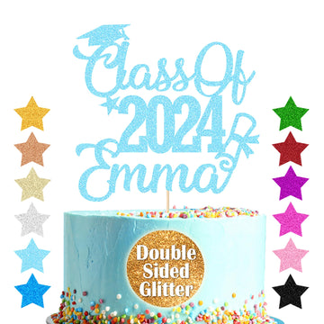Personalized Cake Topper Custom Congrats Graduation Hat Student Class Of 2024 Double Sided Glitter Card Baby Blue