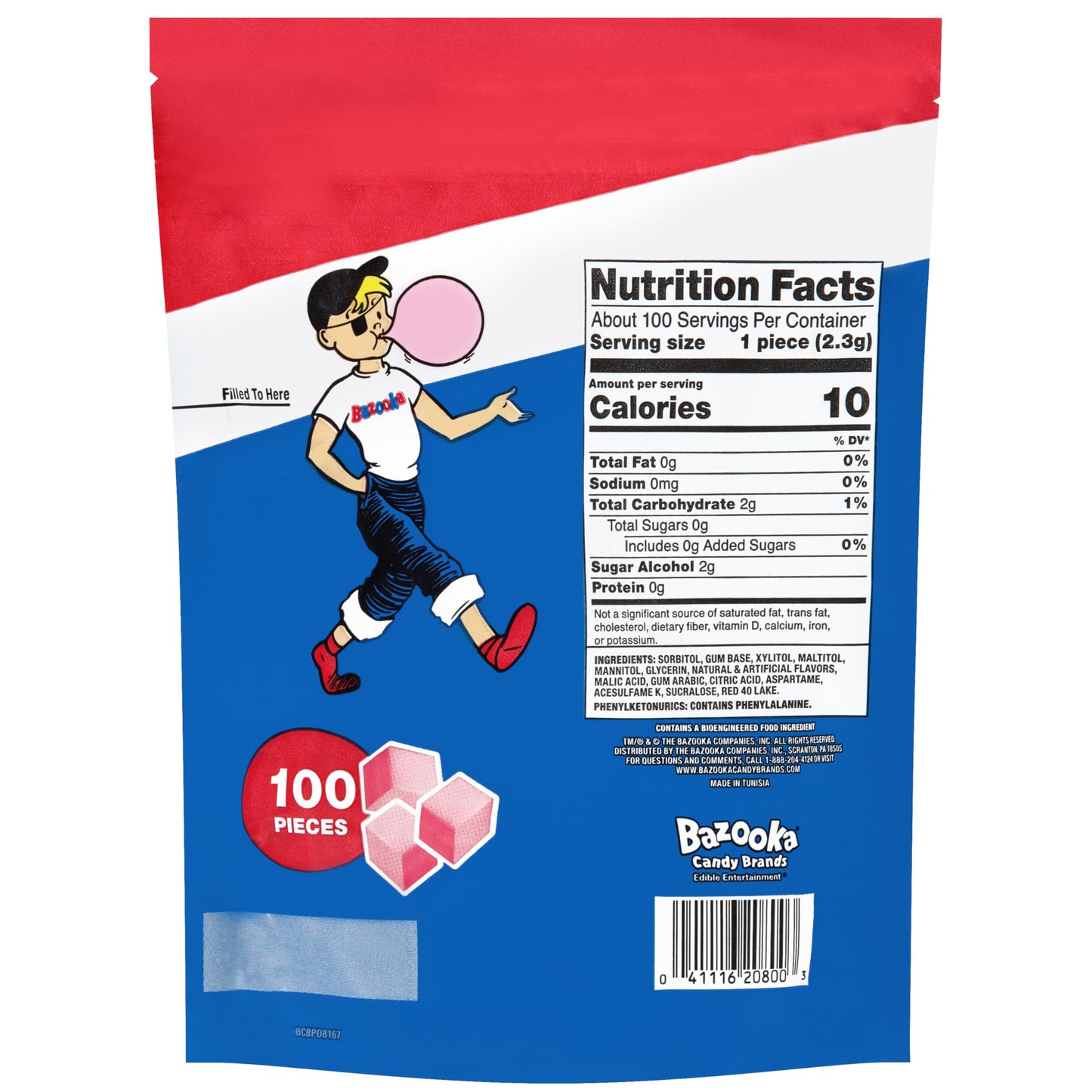 New Bazooka Sugar-Free Bubble Gum Cubes Bag - 100 Count Original Flavor, Resealable Stand-Up Pouch, Bulk Gum Perfect for Sharing