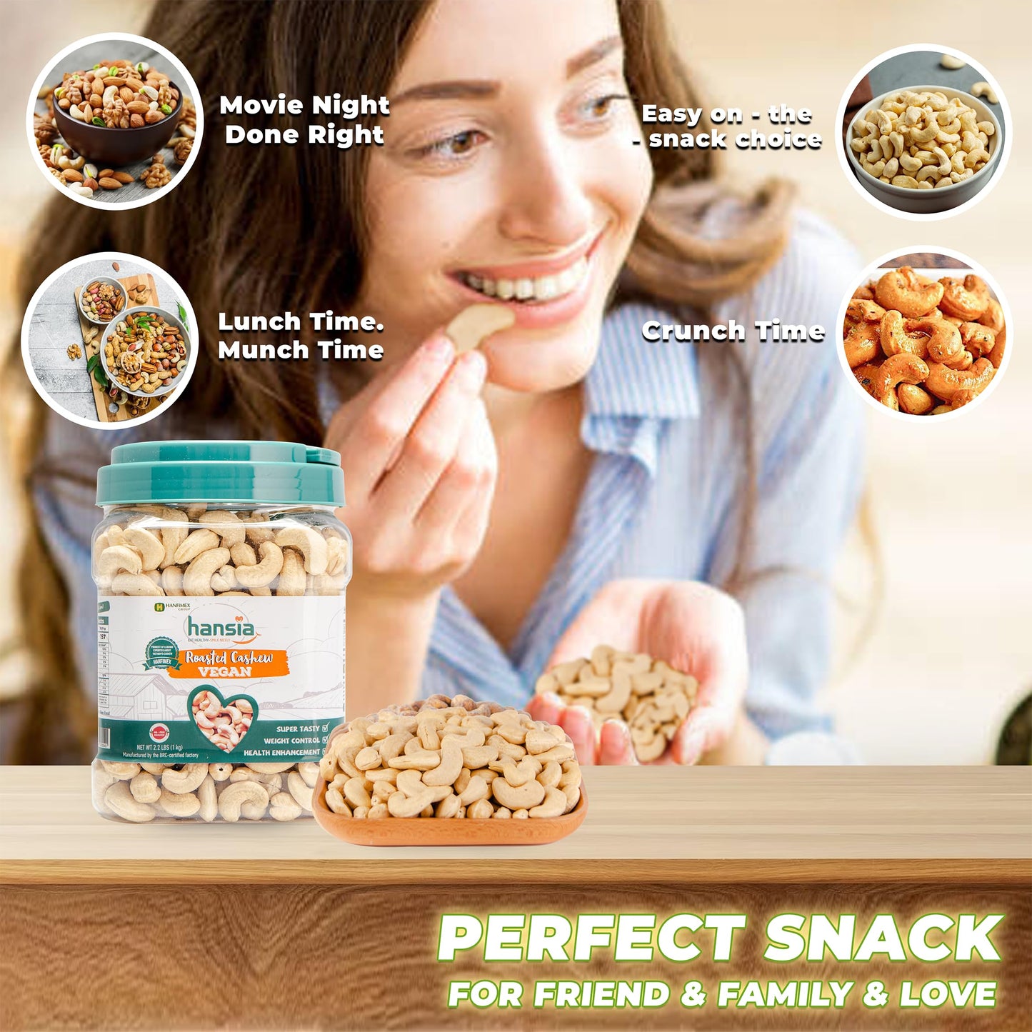 Hansia Roasted Cashew VEGAN, Dry Roasted Unsalted Superfood, Fresh, Healthy, Low Sodium Snacks, Rich of Protein & Natural Fiber,