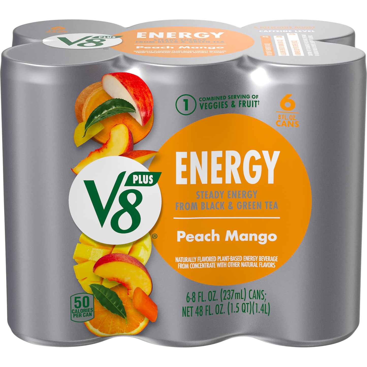 V8 +Energy Peach Mango Energy Drink 8 Fl Oz Can (Pack Of 6)