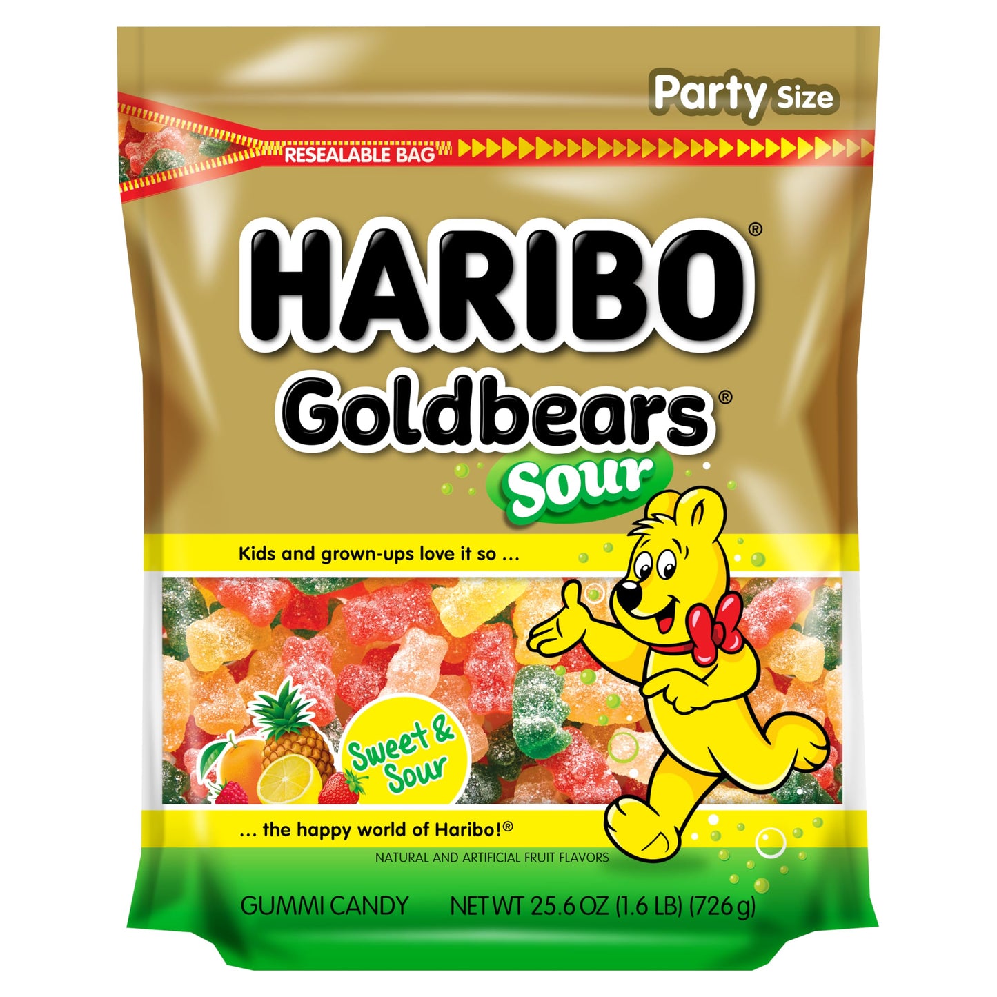 Haribo Gummi Candy, Sweet & Sour Goldbears, Gummy Bears With A Twist, 25.6 Ounce Resealable Party Size Bag, Delicious Soft And Chewy Snacks, Assorted Fruity Flavors