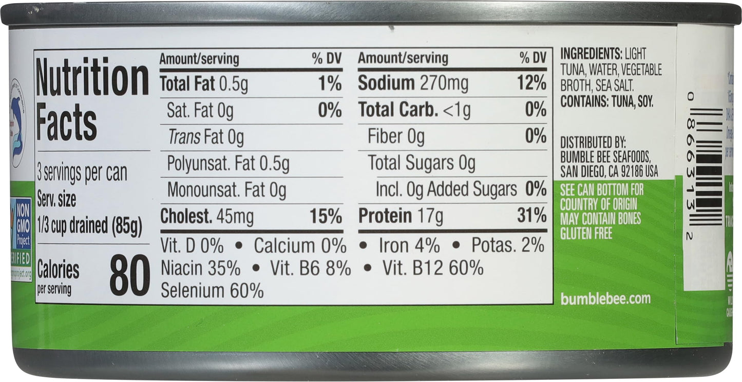 Bumble Bee Chunk Light Tuna In Water, 12 oz Can (Pack of 12) - Wild Caught Skipjack Tuna - 17g Protein Per Serving - MSC Certifi