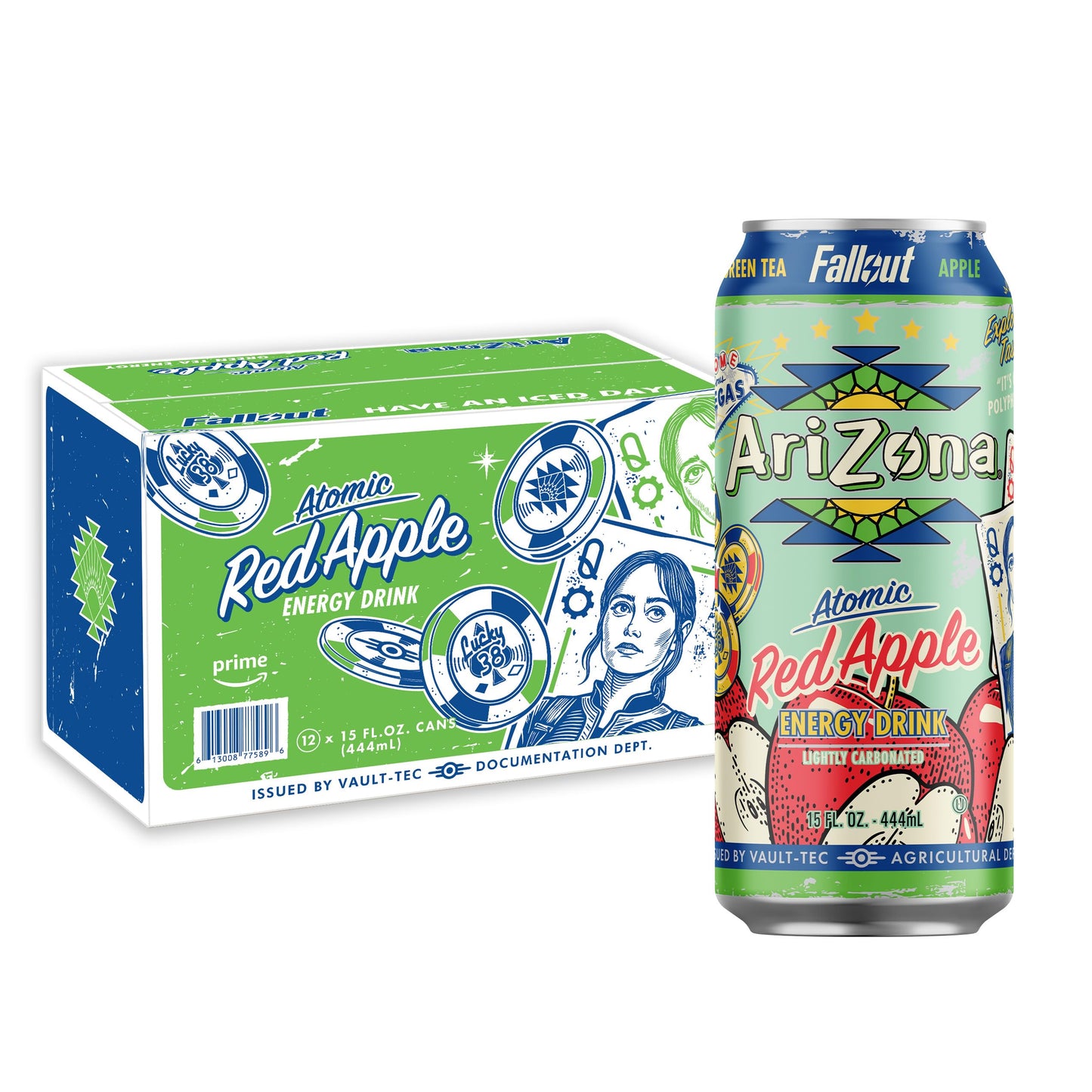 Arizona X Fallout Red Apple Green Tea Energy Drink 15 Fl Oz (Pack Of 12) - 190Mg Energy Blend Per Can