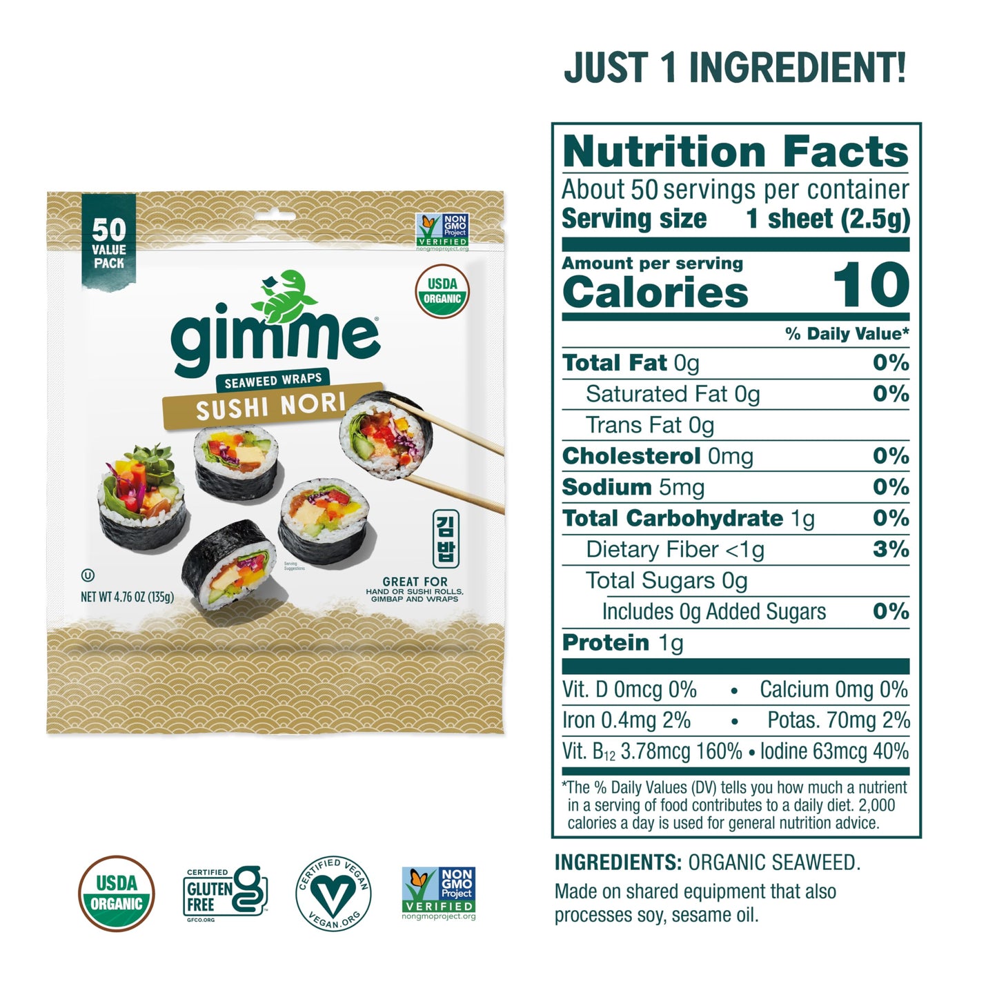 gimMe Sushi Nori 100% Organic Roasted Seaweed 50 Sheets in Resealable container, 50 count (Pack of 1)