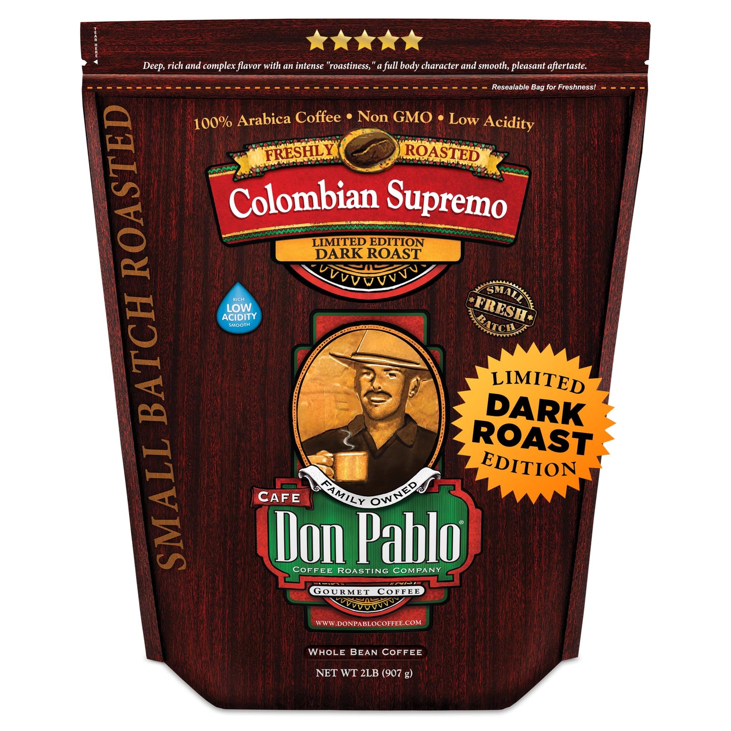 Don Pablo Colombian Supremo - Special Release Dark Roast Gourmet Coffee 100% Arabica Whole Bean Non-Gmo Low Acidity 2 Pound (2 Lb) Bag