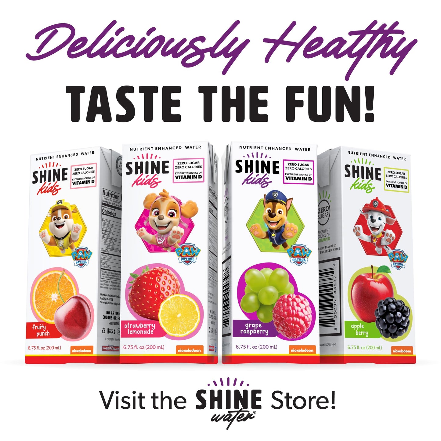 Shinekids X Paw Patrol Vitamin D Juice Box Healthy Drinks For Kids, Grape Raspberry, 32 Pack, Sugar Free Kids Juice Boxes, 0 Cal