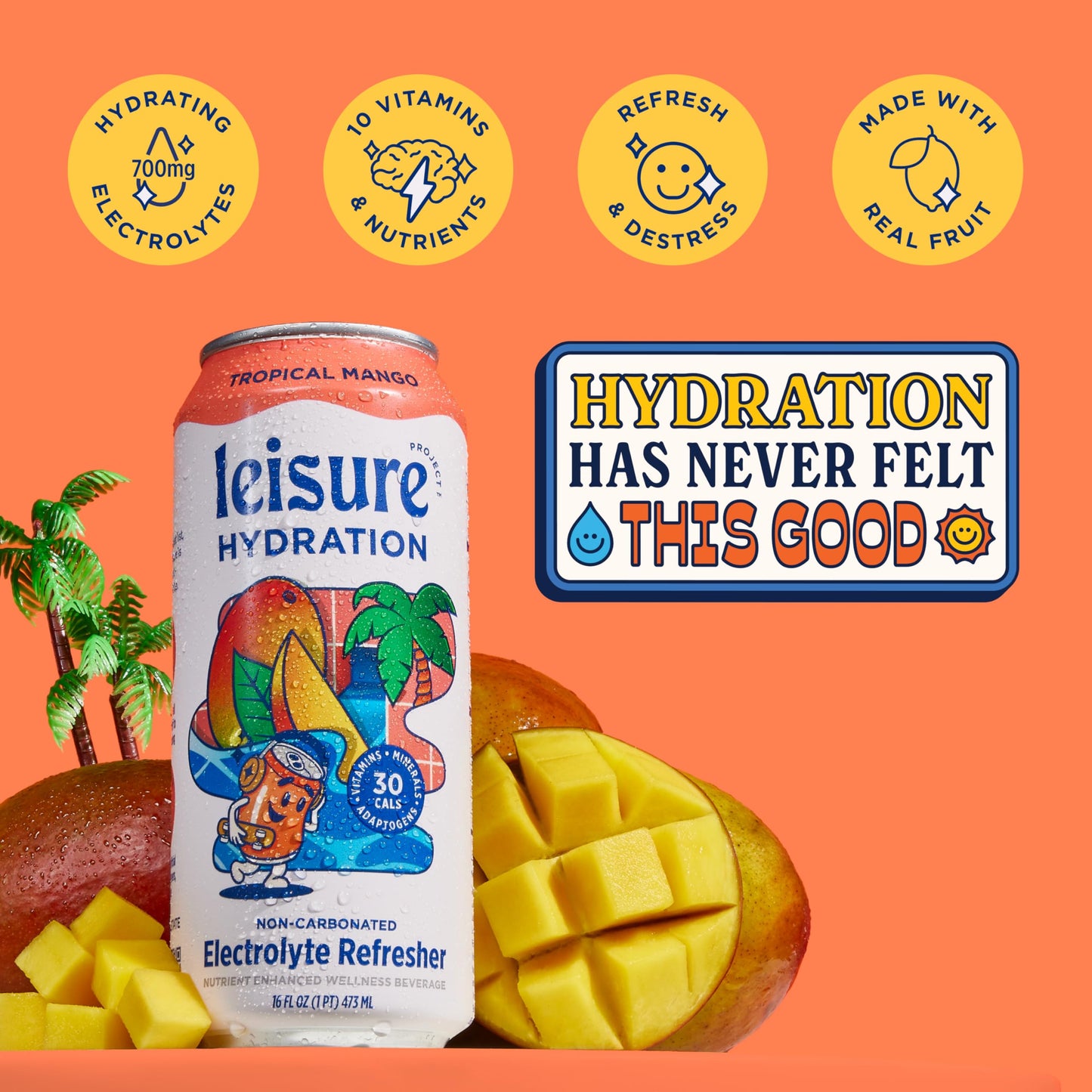 Leisure Project Electrolyte Refresher, Tropical Mango (16oz Cans, 12 Pack) Mango Hydration Drink w/Magnesium & Ashwagandha For M