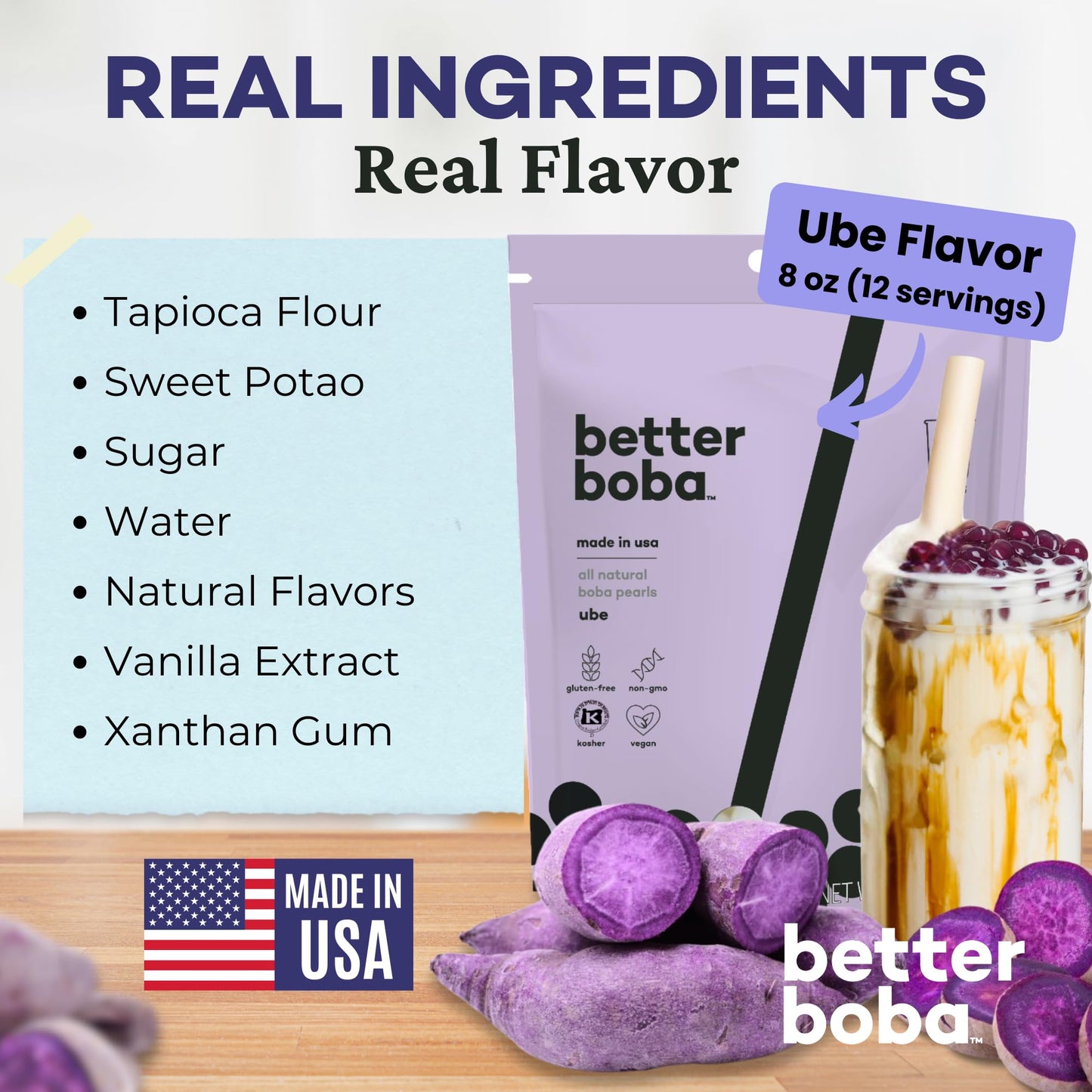 Better Boba All-Natural Ube Boba Pearls 8 Oz | Kosher, Vegan, Gluten-Free, Non-Gmo Popping Boba For Bubble Tea, Desserts | 12 Se