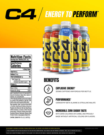 Cellucor C4 Energy Non-Carbonated Zero Sugar Energy Drink Pre Workout Drink + Beta Alanine - Fruit Punch - 12 FL OZ (355 ml) - Pack of 12