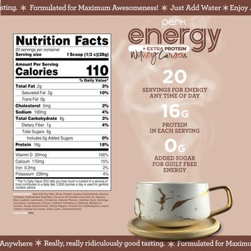Perk Energy + Extra Protein Powder (1.3 LB) Chai Latte - Witney Carson Collaboration - 100mg of Caffeine 16g of Protein with Collagen 100% DV Vitamin D Gluten-Free Soy-Free GMO-Free 20 Servings