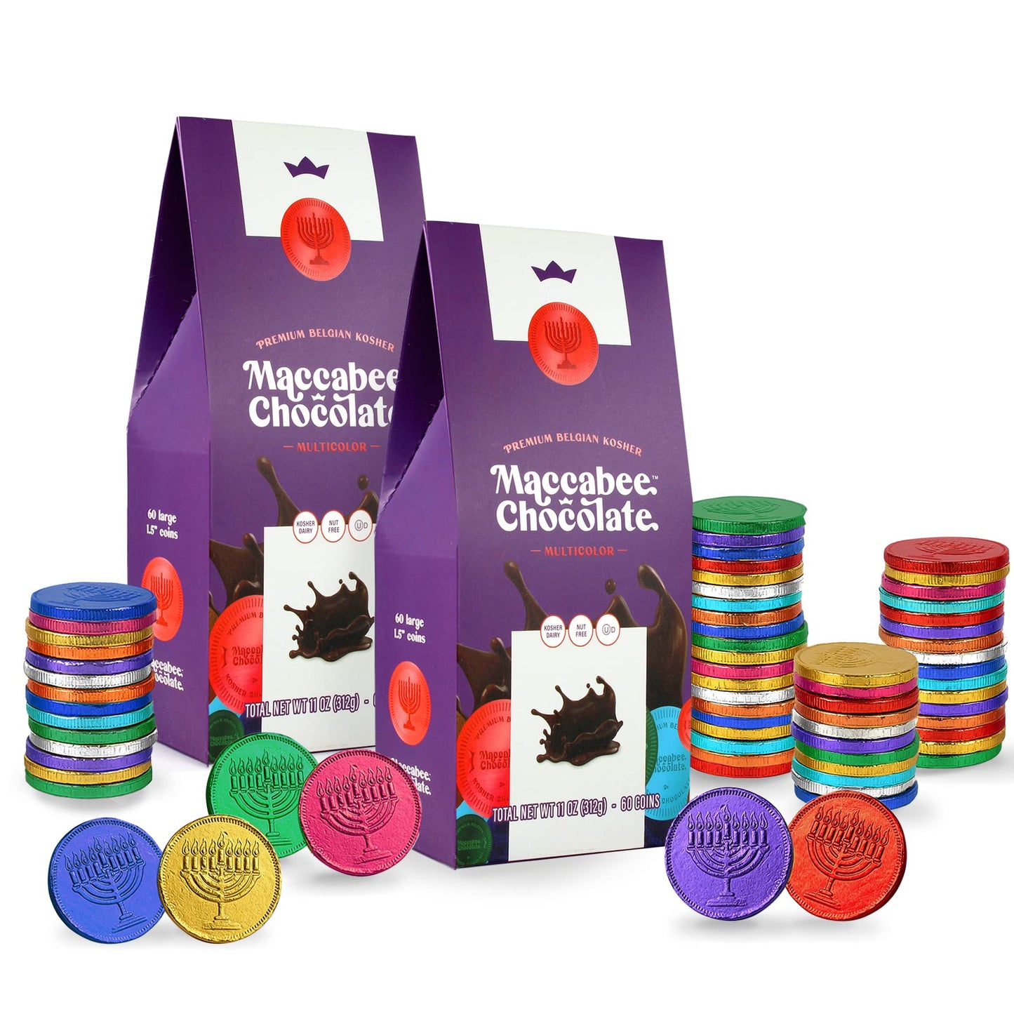 Kosher Hanukkah Gelt Premium Belgian Chocolate Coins Nut-Free Chanukah Candy Chocolates In A Gift Pack Contains 60 Large Coins (