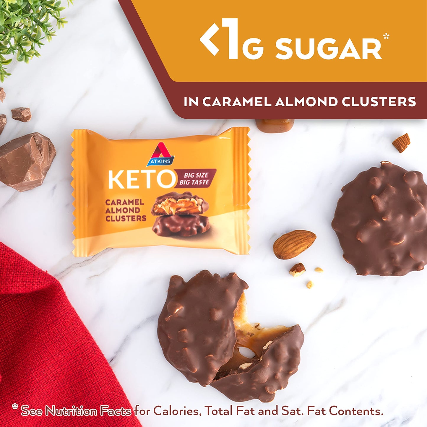 Atkins Caramel Almond Clusters, Gluten Free, High in Fiber, 1g Sugar, 2g Net Carb, Keto Friendly, 8 Count