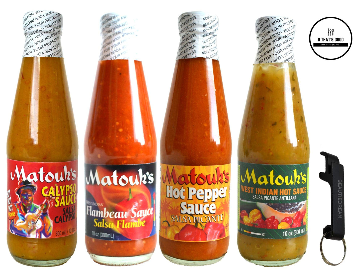 Matouks Calypso Flambeau West Indian and Hot Pepper Sauce 10 Ounce Variety Pack of 4 with Keychain Bottle Opener in Sealed O Th