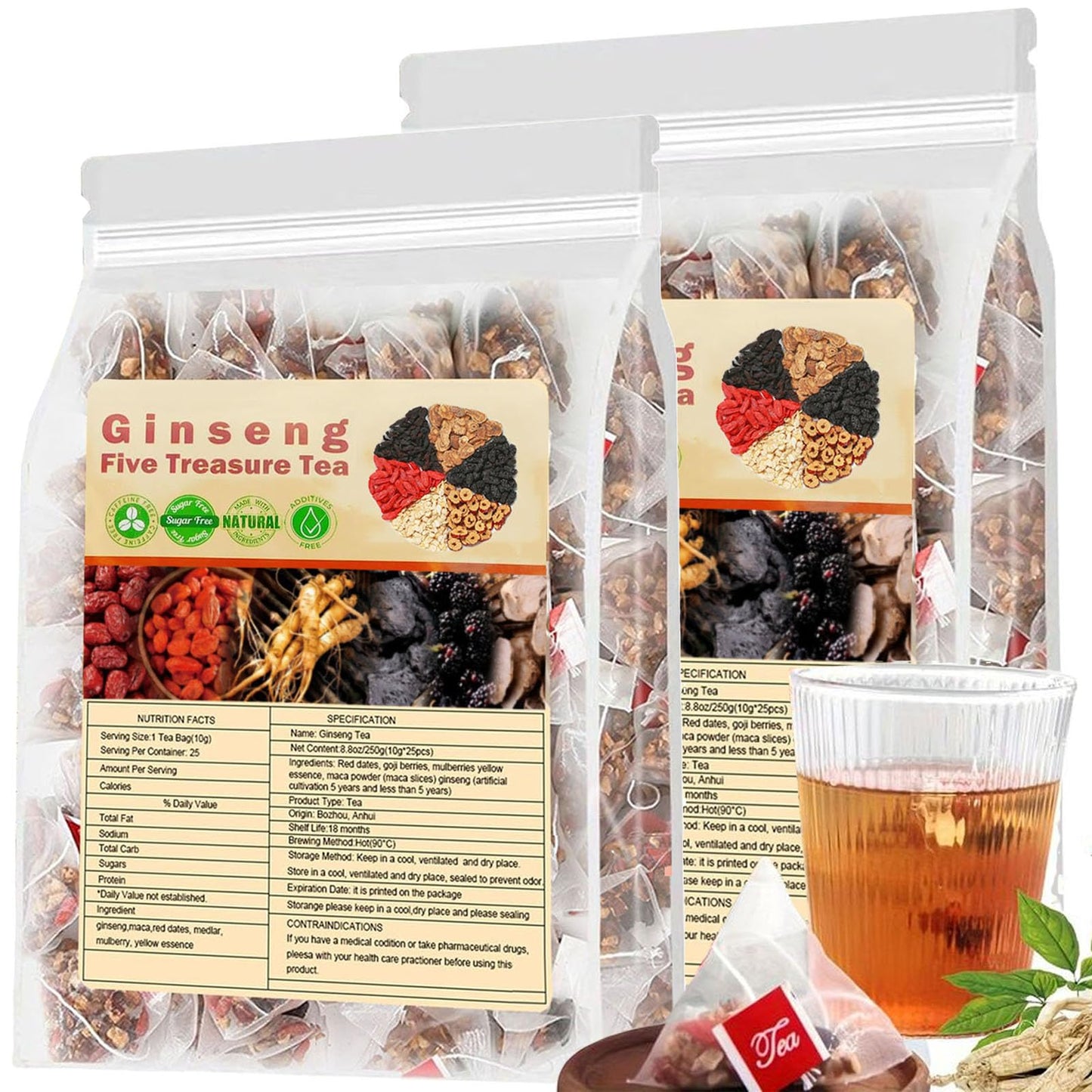 Ginseng Five Treasure Tea - Kidney Tea Wubao Tea, Kidney Tea Formula Ginseng Five Treasure Tea, Kidney Cleanse Tea Chinese Tea f