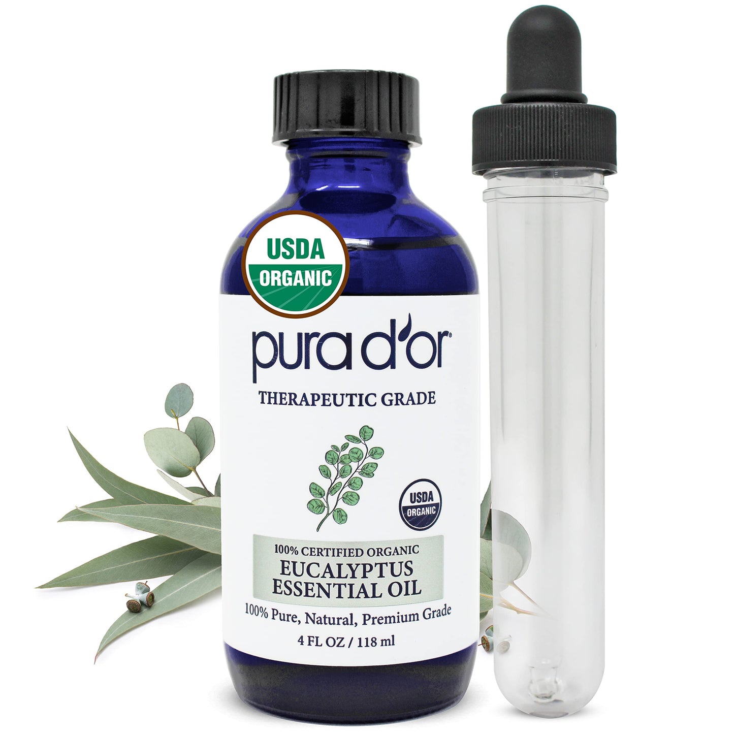 Pura D'Or Organic Eucalyptus Essential Oil (4Oz With Glass Dropper) 100% Pure & Natural Therapeutic Grade For Hair, Body, Skin,