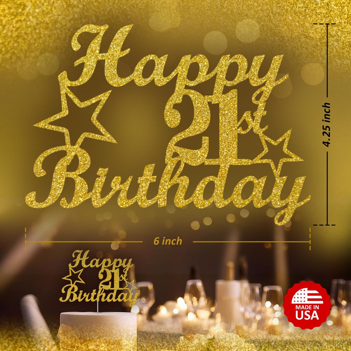 RokAPary 21 Birthday Cake Topper Gold Glitter, Acrylic, 1 Count, Sturdy Double-Sided, Made in USA