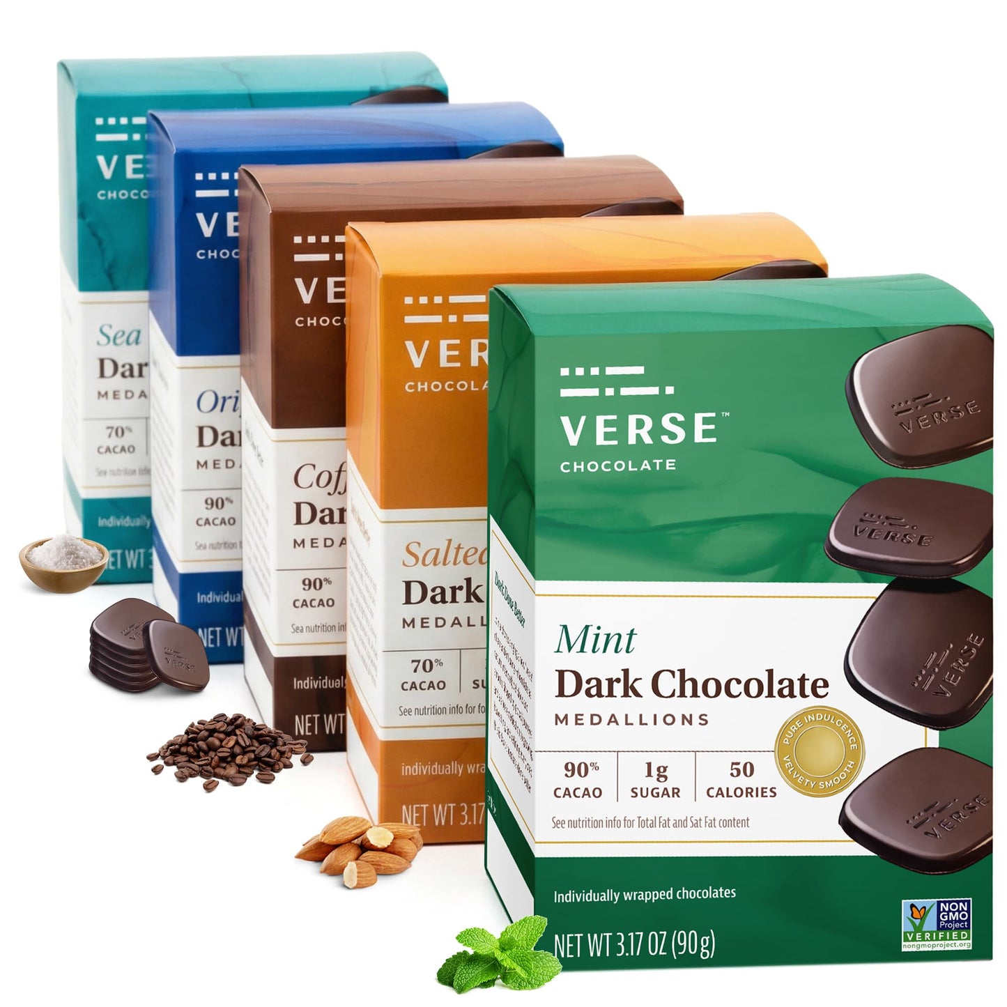 Verse Dark Chocolate Squares Variety Pack - Oriflavor Blendal Mint Coffee Sea Salt Salted Almond W/Low Cane Sugar High Cacao - Top-Grade Dark Chocolates - Individually Wrapped Chocolate Squares (9 Count 5 Pack)