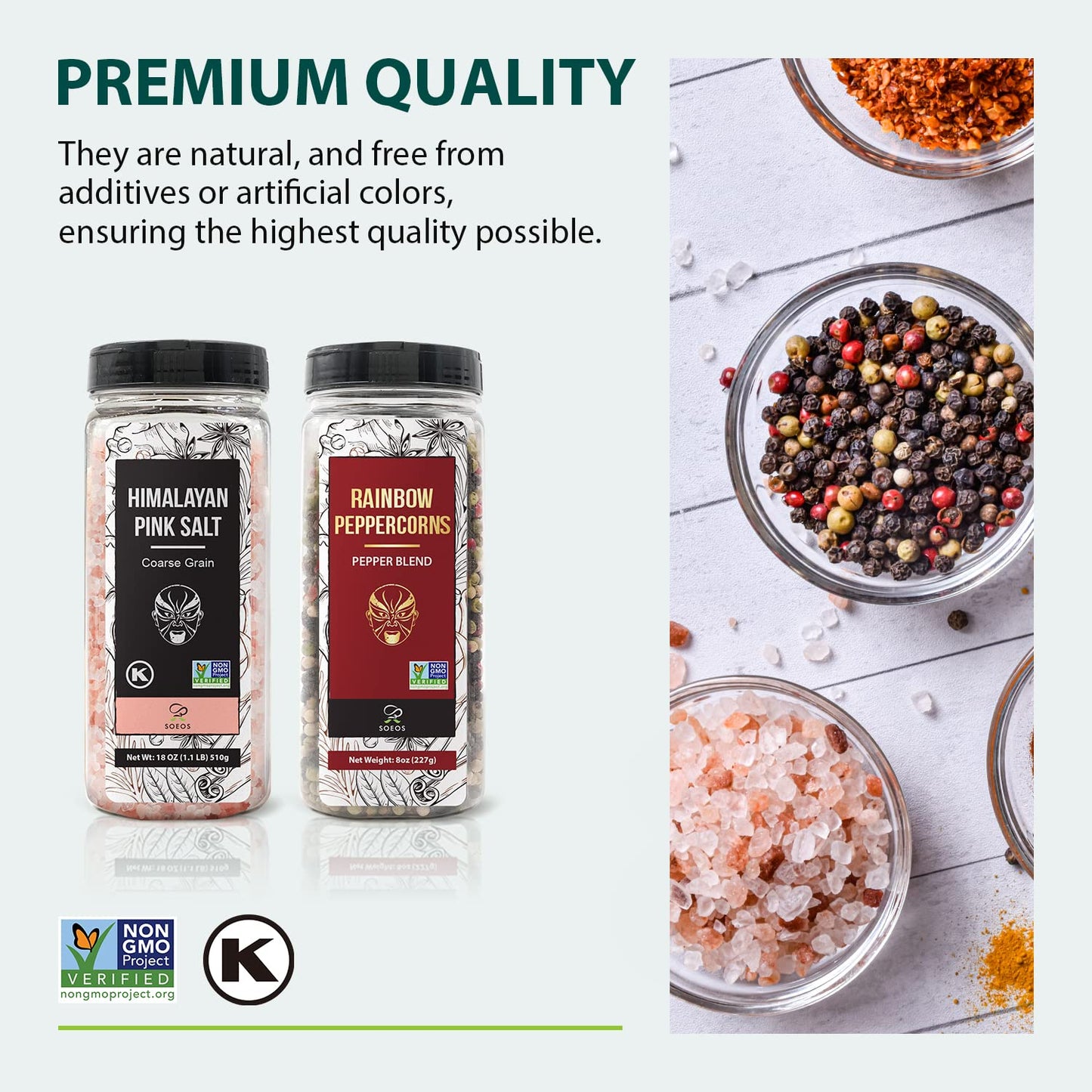 Soeos Himalayan Pink Salt And Rainbow Peppercorn Grinder Refills, 18Oz Salt & 8Oz Peppercorns, Kosher Seasoning Set For Cooking