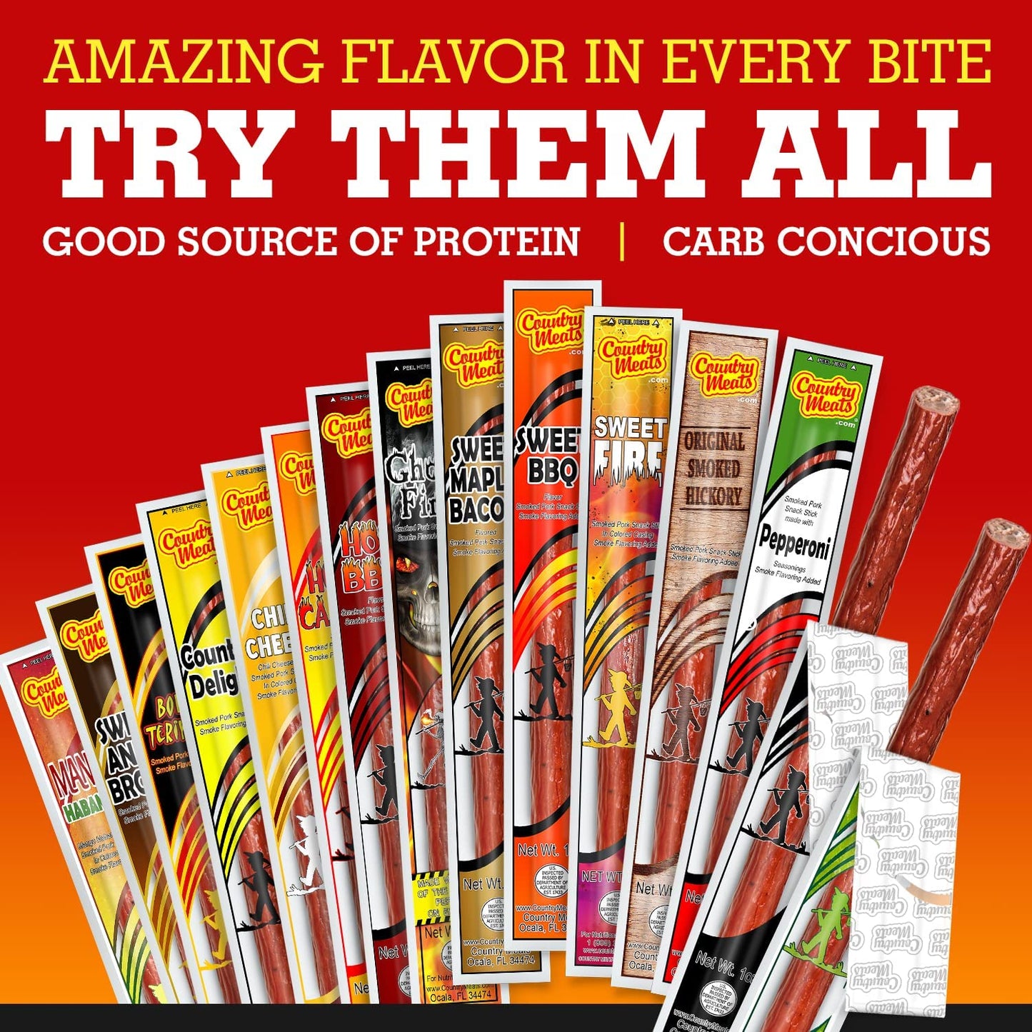 Country Meats, Meat Sticks, 0 Trans Fat, Usda Certified, Good Source Of Protein, Carb Conscious Snack (24 Meat Sticks, Bold Teri