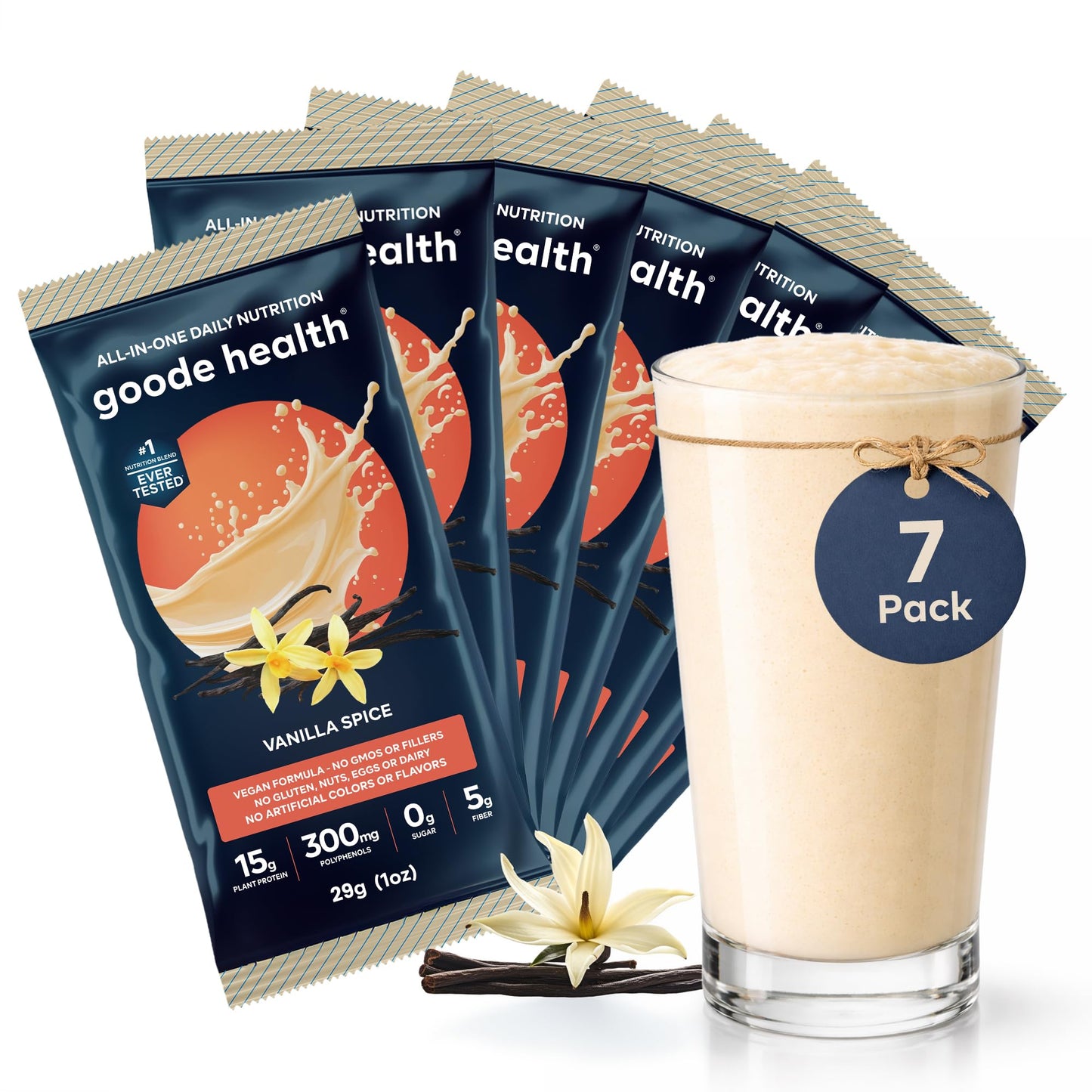 Goode Health Meal Replacement Shake, Vanilla Spice (Pack of 7) - 15g Plant-Based Vegan Protein Powder - High Fiber Meal Replacem