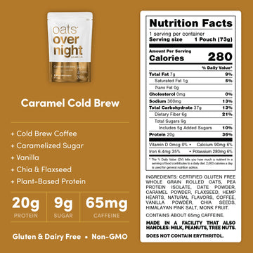 Oats Overnight Caramel Cold Brew Breakfast Shake - Vegan, 20g Protein, 65mg Caffeine, Gluten Free, 8 Pack (2.6 oz per meal)
