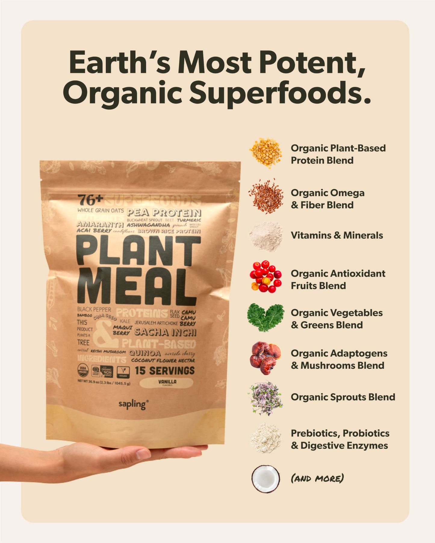 Plant Meal Replacement Shake - Vanilla - 25g of Plant Based Vegan Protein Powder, 76+ Organic Superfoods, Vitamins & Minerals, M