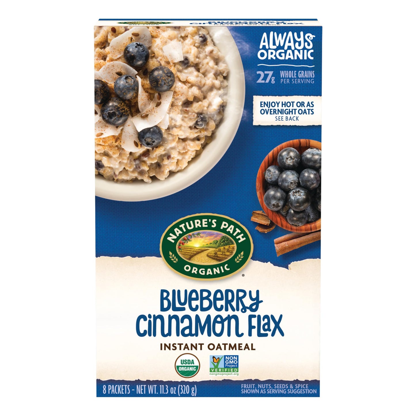 NatureS Path Organic Blueberry Cinnamon Flax Instant Oatmeal Non-Gmo 27G Whole Grains 5G Plant Based Protein With Heart Healthy Flax Seeds 11.3 Ounce Pack Of 6